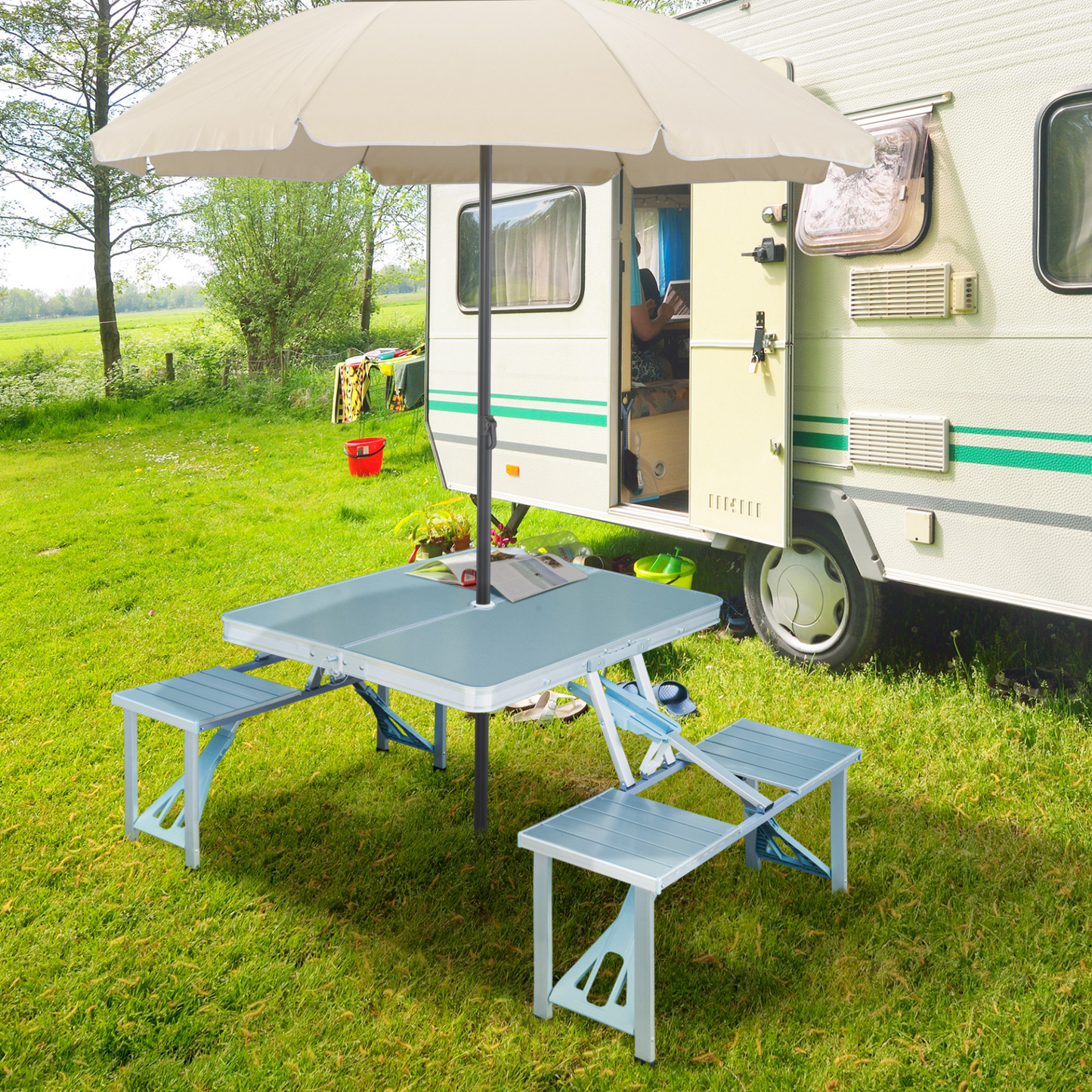 Outsunny Portable Folding Camping Picnic Table & Chair Set - Aluminum & MDF, Perfect for Outdoor Garden BBQ MyLibelula