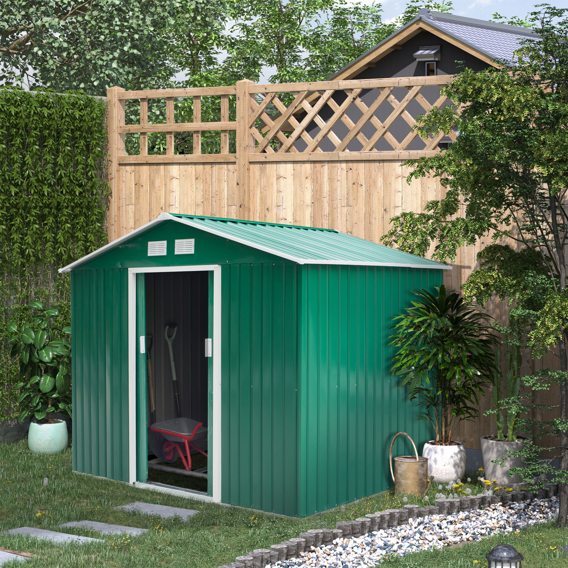 Outsunny 9 x 6FT Garden Metal Storage Shed Outdoor Storage Shed with Foundation Ventilation & Doors, Green MyLibelula