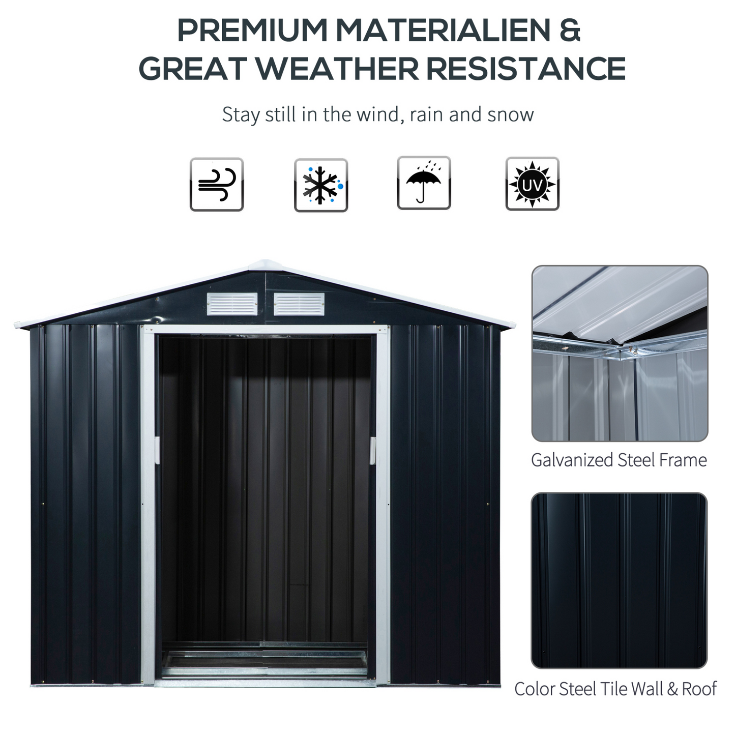 Outsunny 7ft x 4ft LockableGarden Metal Storage Shed Large Patio Roofed Tool Storage Building Foundation Sheds Box Outdoor Furniture, Dark Grey MyLibelula