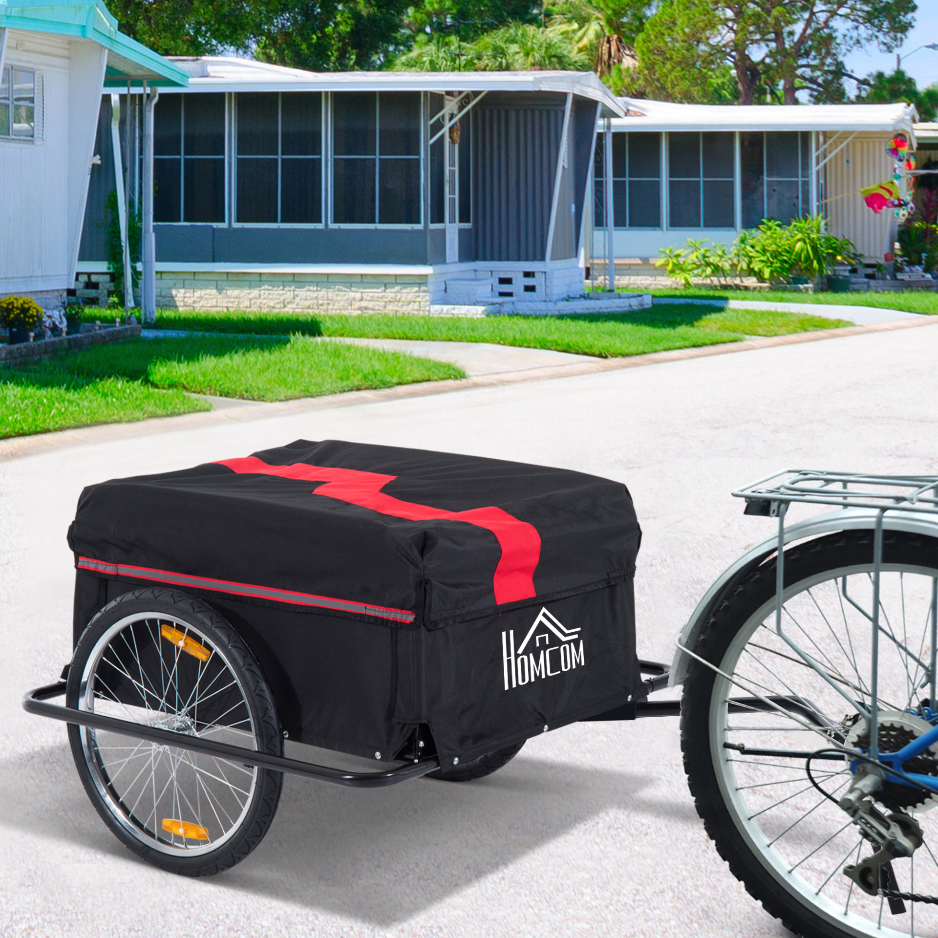 HOMCOM Two-Wheel Bicycle Cargo Trailer with Large Oxford Fabric Bag, Folding Storage, & Removable Cover - Red & Black MyLibelula