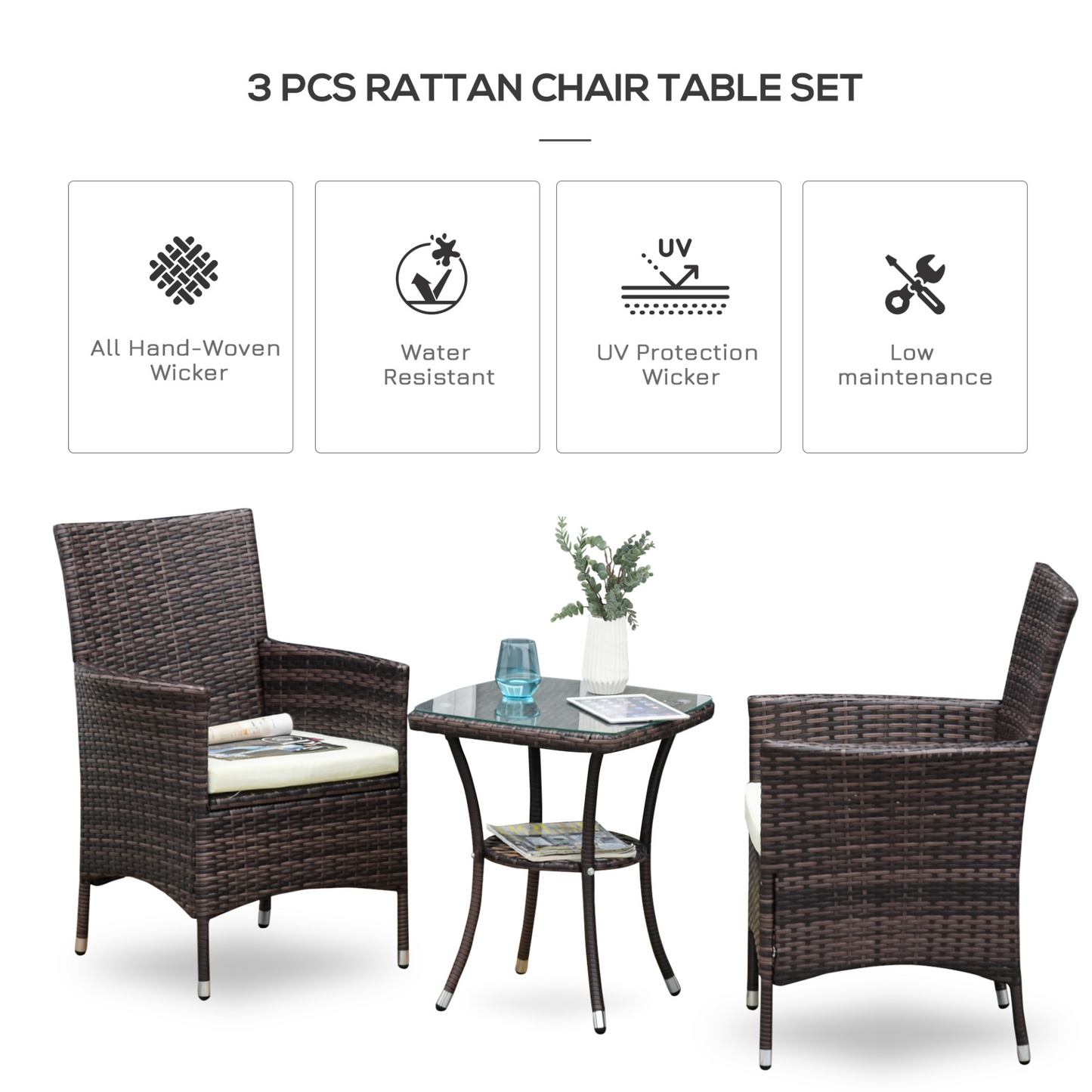 Outsunny 3-Piece Garden Rattan Bistro Set - Perfect for Patio, Balcony, and Conservatory - Brown MyLibelula