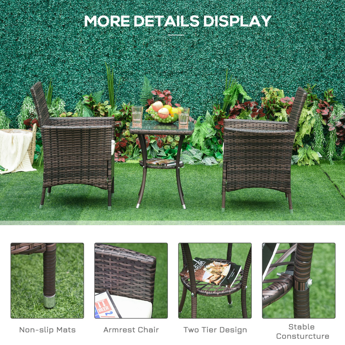 Outsunny 3-Piece Garden Rattan Bistro Set - Perfect for Patio, Balcony, and Conservatory - Brown MyLibelula