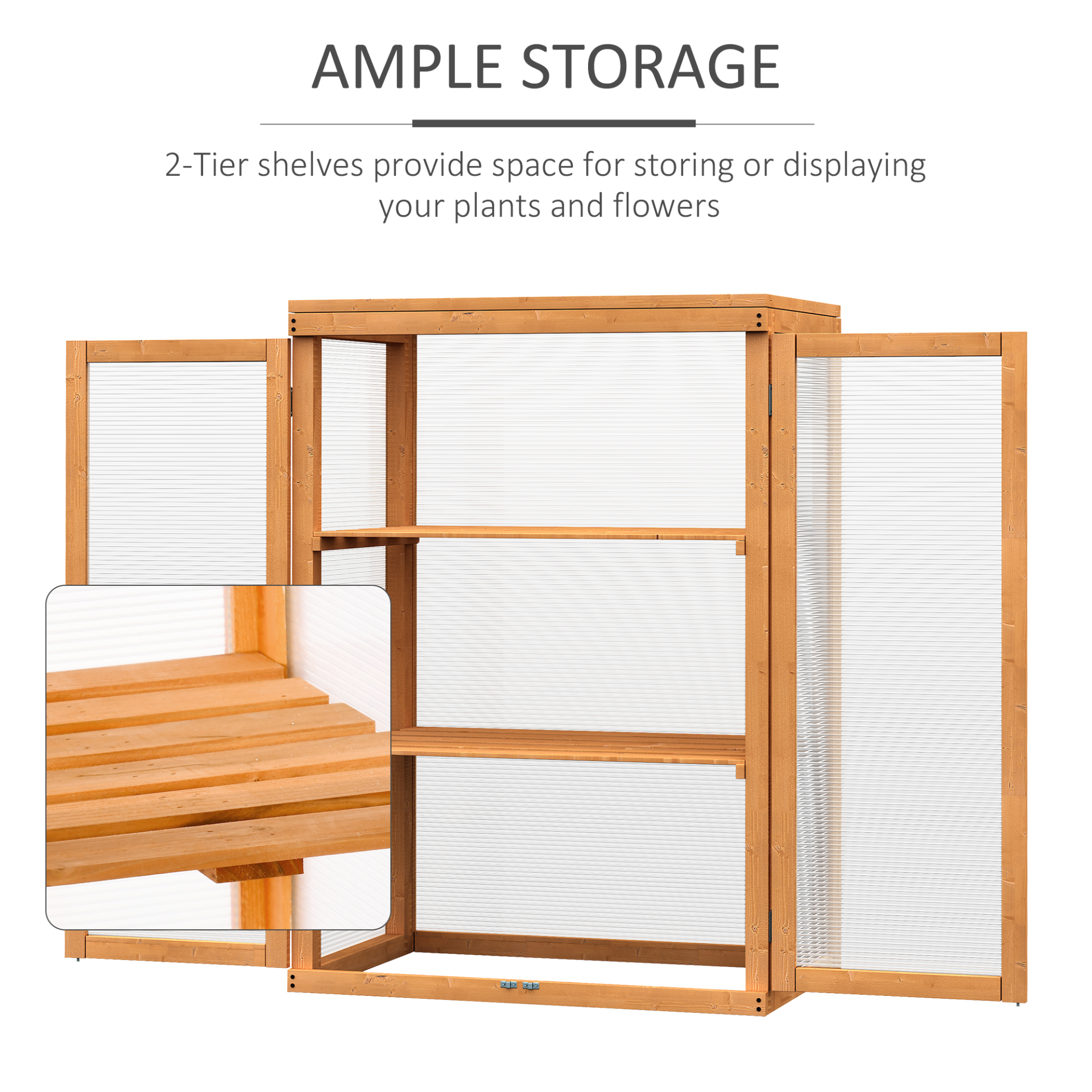 Outsunny 3-tier Wood Greenhouse Garden Polycarbonate Cold Frame Grow House w/ Storage Shelf for Plants, Flowers, Natural MyLibelula