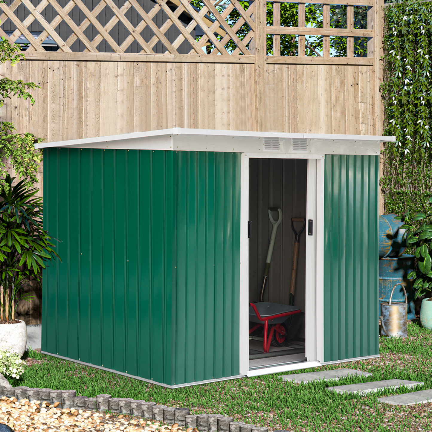 Outsunny 9ft x 4ft Corrugated Metal Garden Storage Shed | Outdoor Equipment Tool Box with Kit Ventilation & Double Sliding Doors MyLibelula