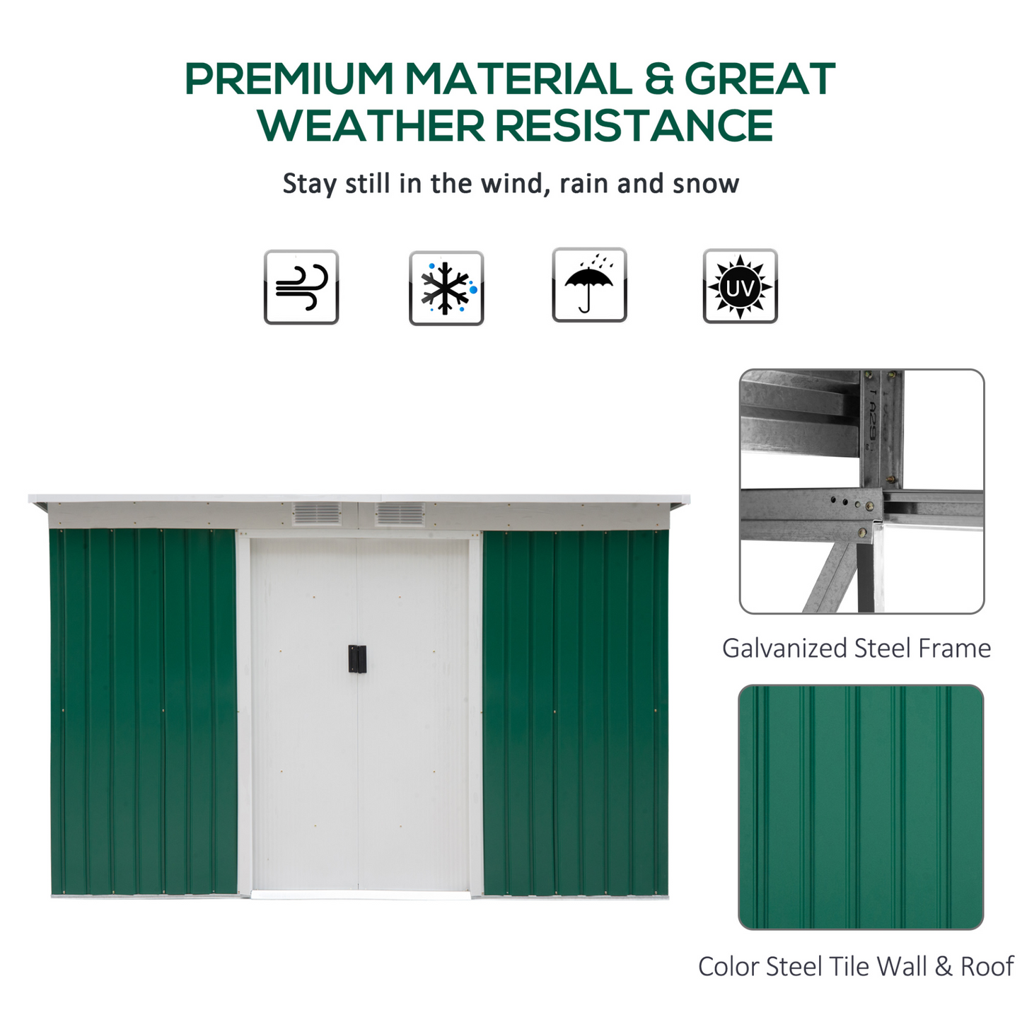 Outsunny 9ft x 4ft Corrugated Metal Garden Storage Shed | Outdoor Equipment Tool Box with Kit Ventilation & Double Sliding Doors MyLibelula