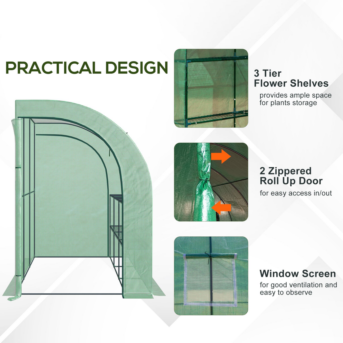 Outsunny Walk-In Lean to Wall Greenhouse with Windows, Doors, 2 Tiers, and 6 Wired Shelves - 300L x 150W x 215Hcm, Green MyLibelula