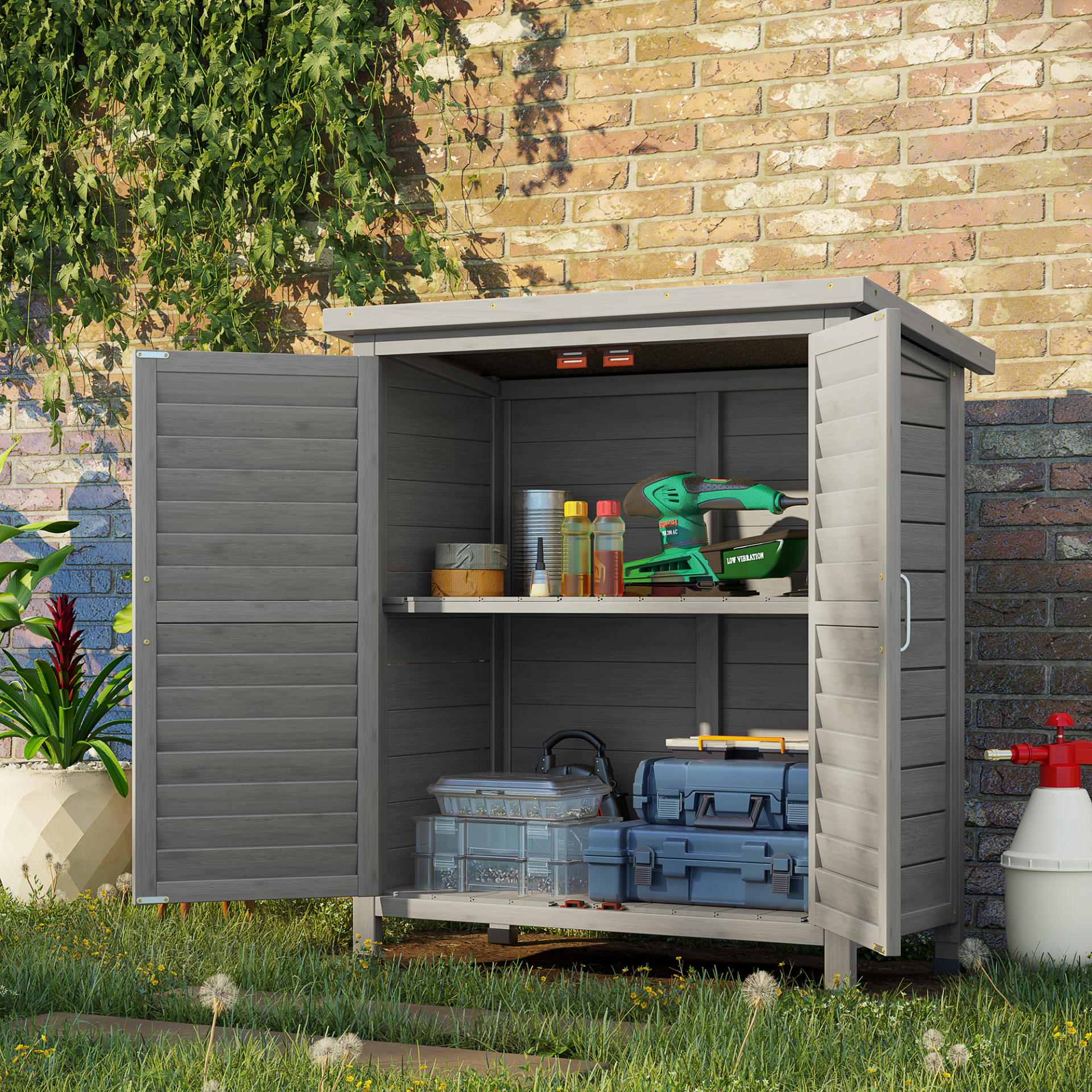 Outsunny Garden Shed Wooden Garden Storage Shed 2 Door Unit Solid Fir Wood Garage Tool Organisation Cabinet, 87L x 46.5W x 96.5Hcm, Grey MyLibelula