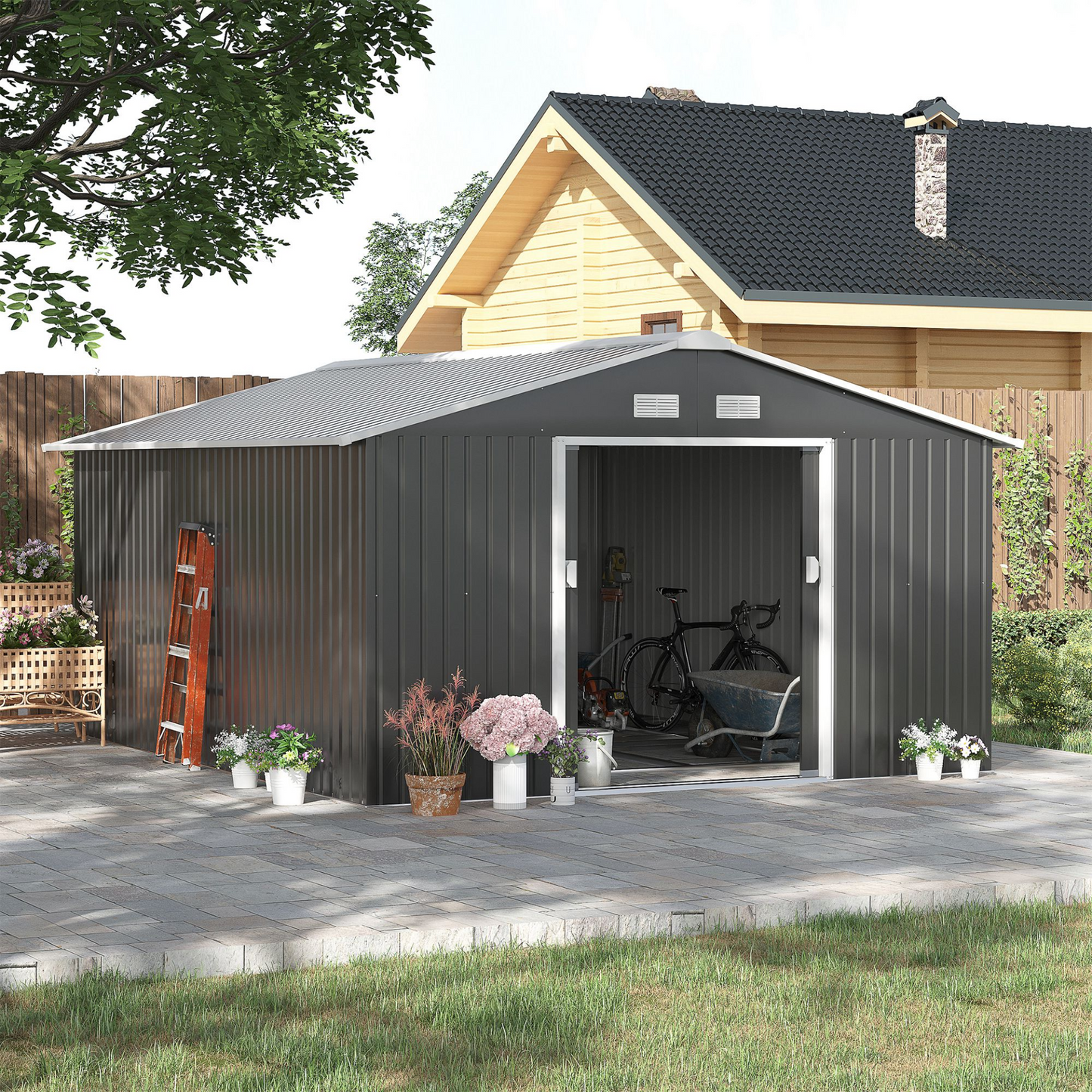 Outsunny 13 x 11ft Garden Metal Storage Shed Outdoor Storage Shed with Foundation Ventilation & Doors, Grey MyLibelula