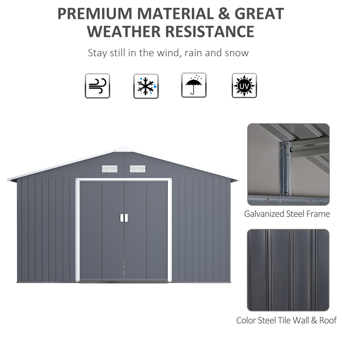 Outsunny 13 x 11ft Garden Metal Storage Shed Outdoor Storage Shed with Foundation Ventilation & Doors, Grey MyLibelula