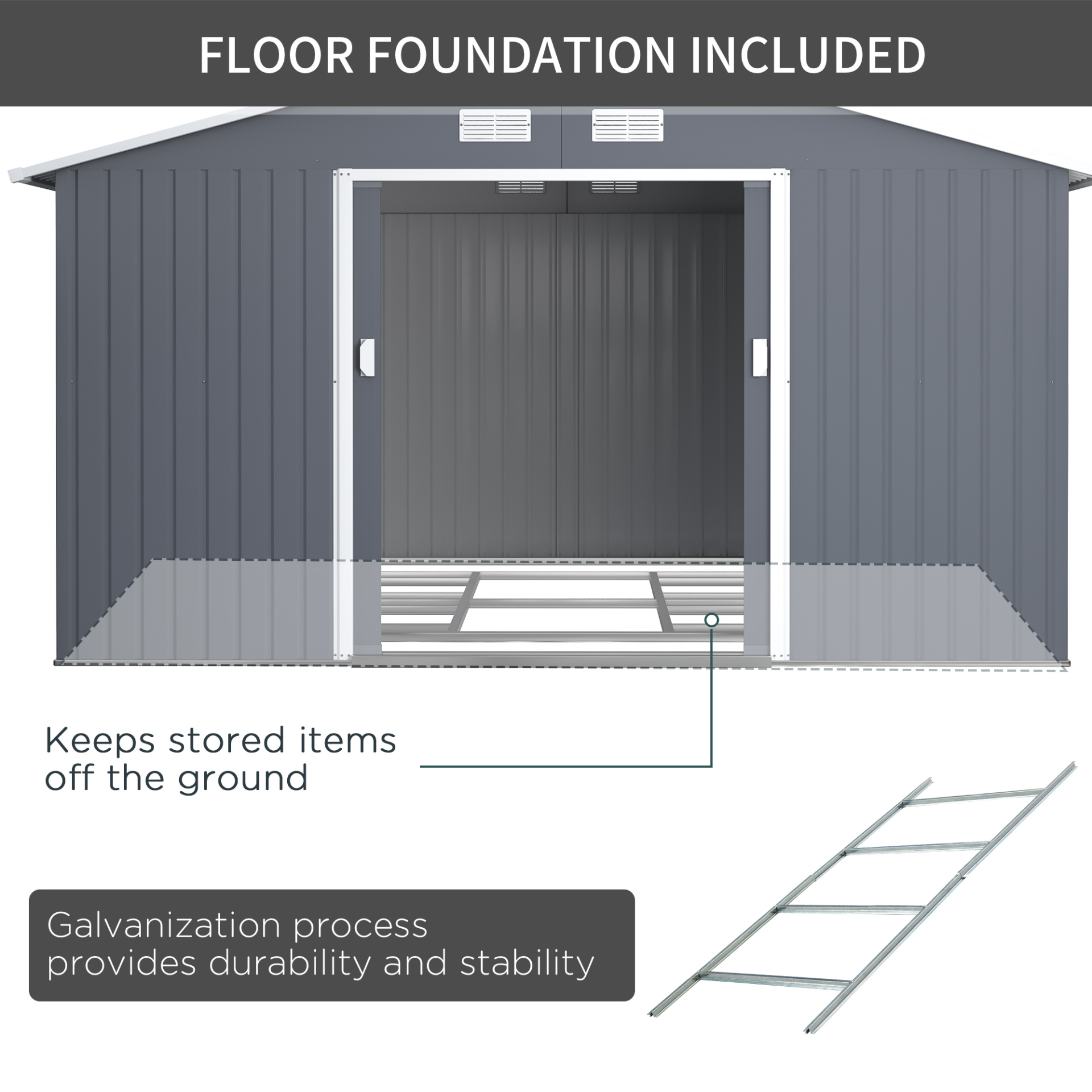 Outsunny 13 x 11ft Garden Metal Storage Shed Outdoor Storage Shed with Foundation Ventilation & Doors, Grey MyLibelula