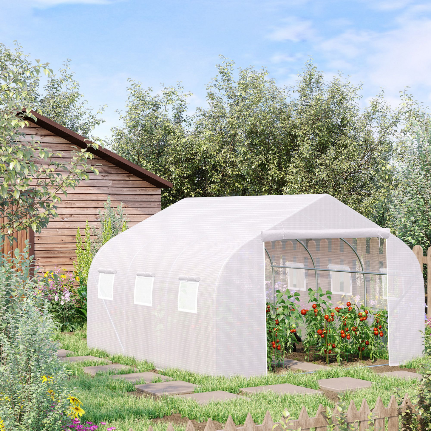 Outsunny Walk-In Polytunnel Greenhouse with Door and Windows, Galvanized Steel Frame, 3.5 x 3 x 2m, White - Garden Plant Shelter MyLibelula