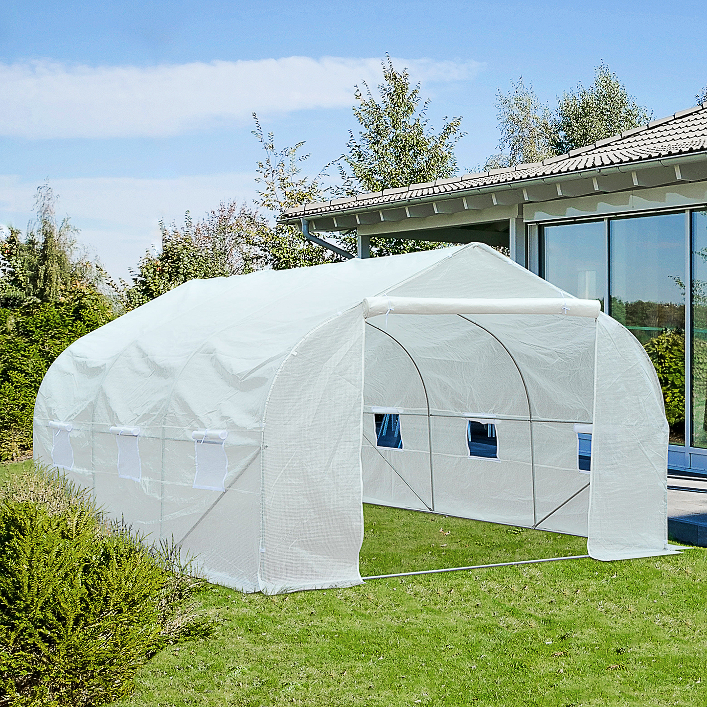 Outsunny Walk-In Polytunnel Greenhouse with Door and Windows, Galvanized Steel Frame, 3.5 x 3 x 2m, White - Garden Plant Shelter MyLibelula