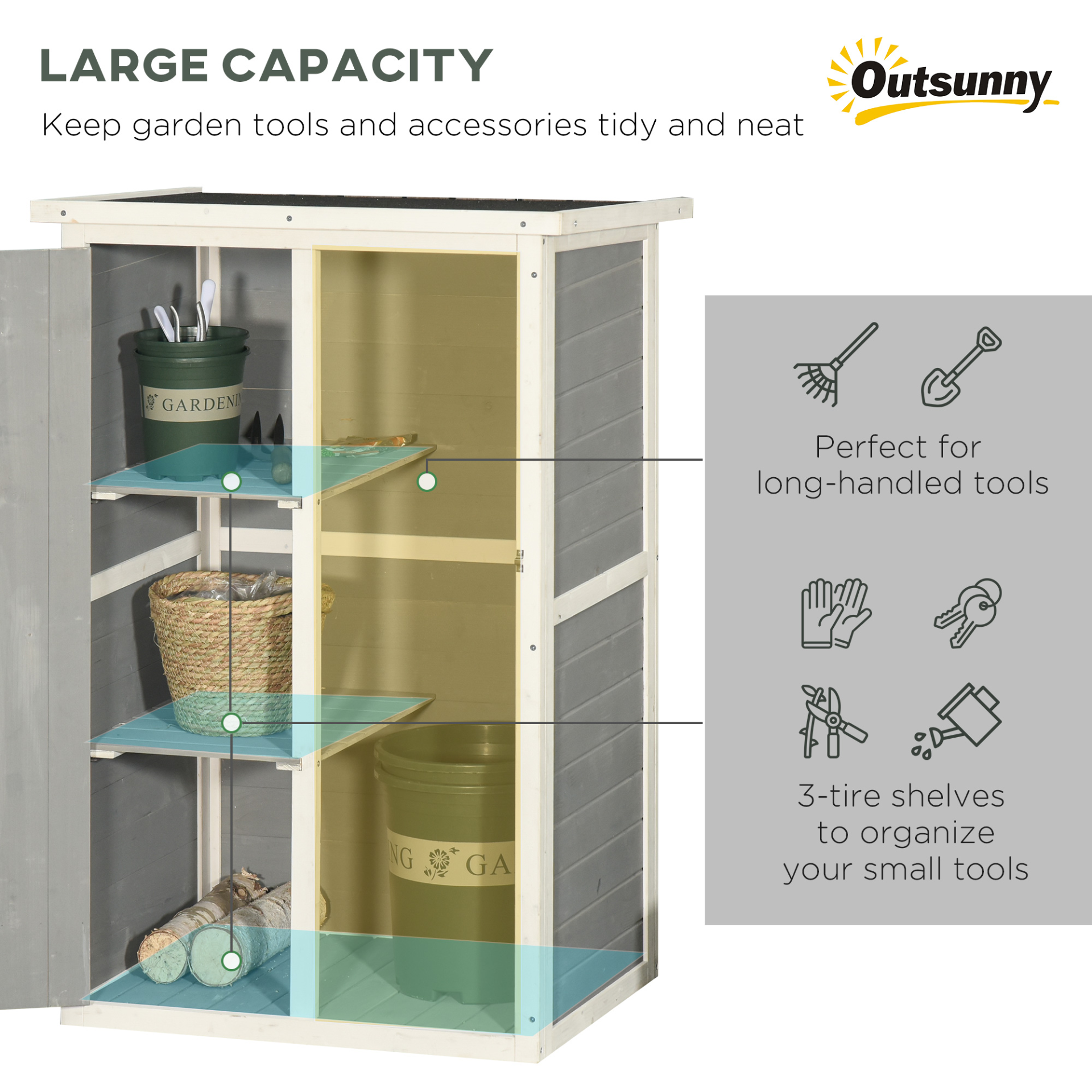 Outsunny Wooden Garden Storage Shed | Fir Wood Tool Cabinet with Shelves - 75L x 56W x 115H cm, Grey MyLibelula