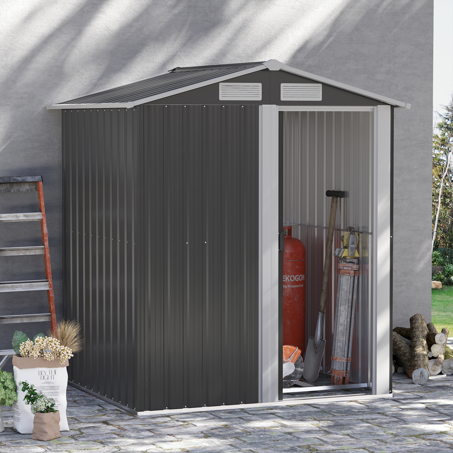 Outsunny 5ft x 4ft Garden Metal Storage Shed, Tool Storage Shed with Sliding Door, Sloped Roof and Floor Foundation for Garden, Backyard, Patio, Lawn, Grey MyLibelula