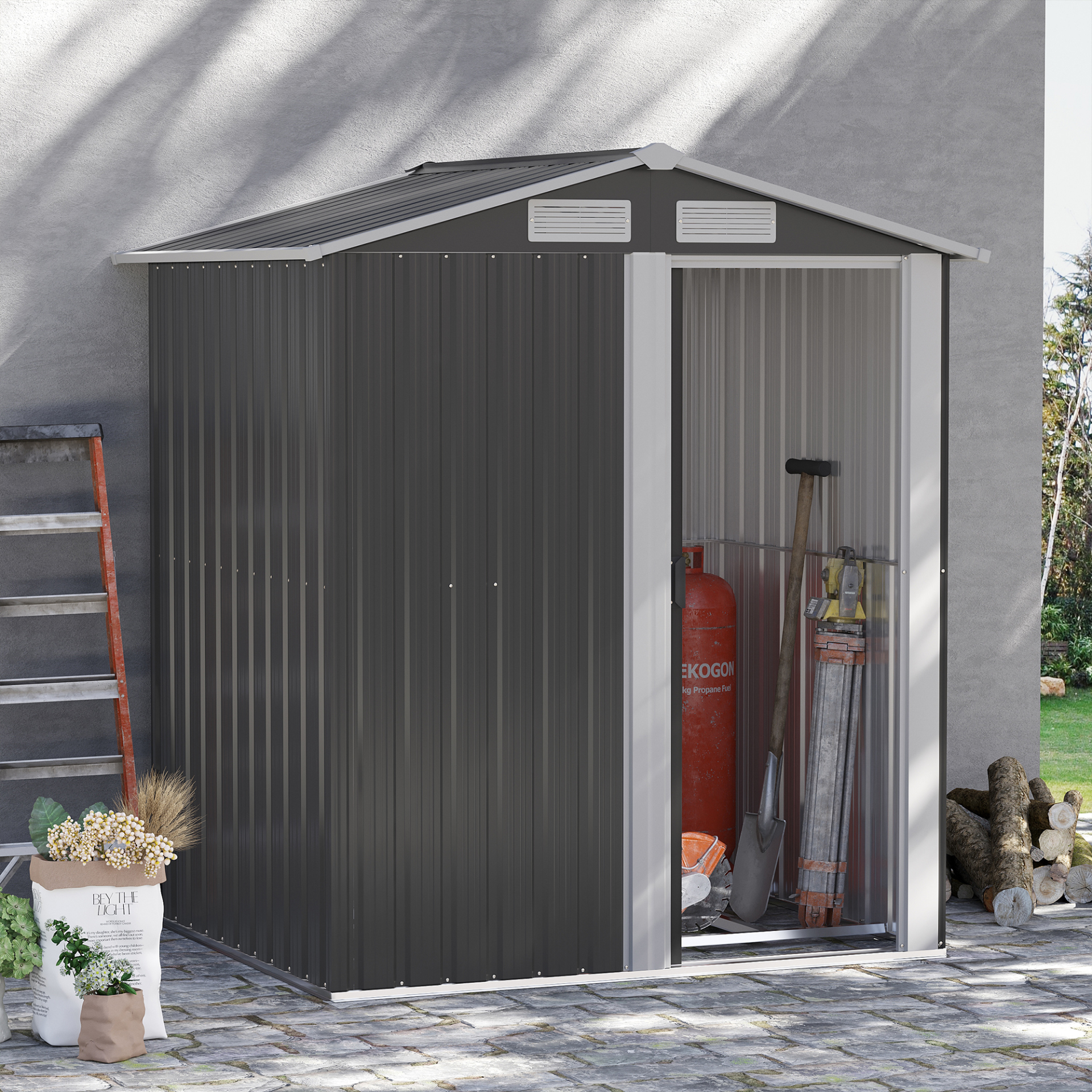 Outsunny 5ft x 4ft Garden Metal Storage Shed, Tool Storage Shed with Sliding Door, Sloped Roof and Floor Foundation for Garden, Backyard, Patio, Lawn, Grey MyLibelula