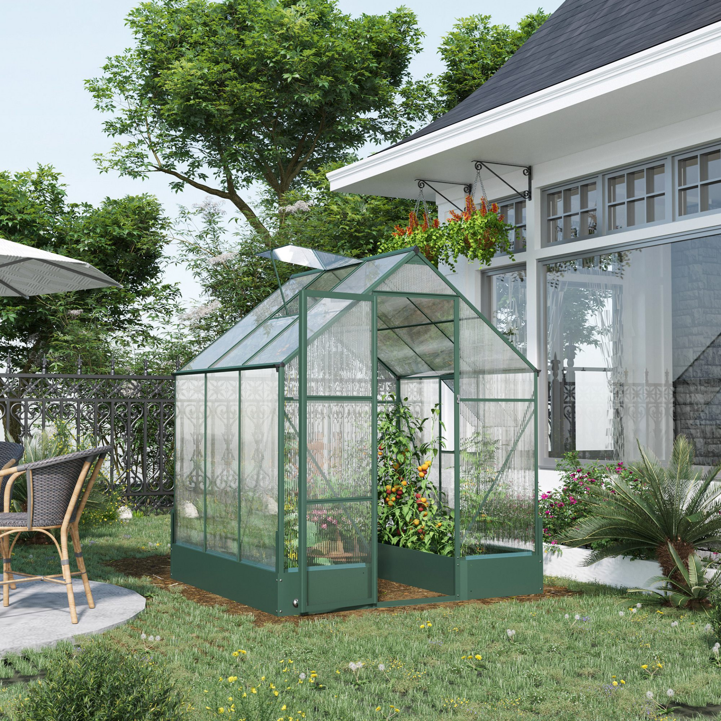 Outsunny Garden Walk-in Aluminium Greenhouse Polycarbonate with Plant Bed ,Temperature Controlled Window, Foundation, 6 x 6ft MyLibelula