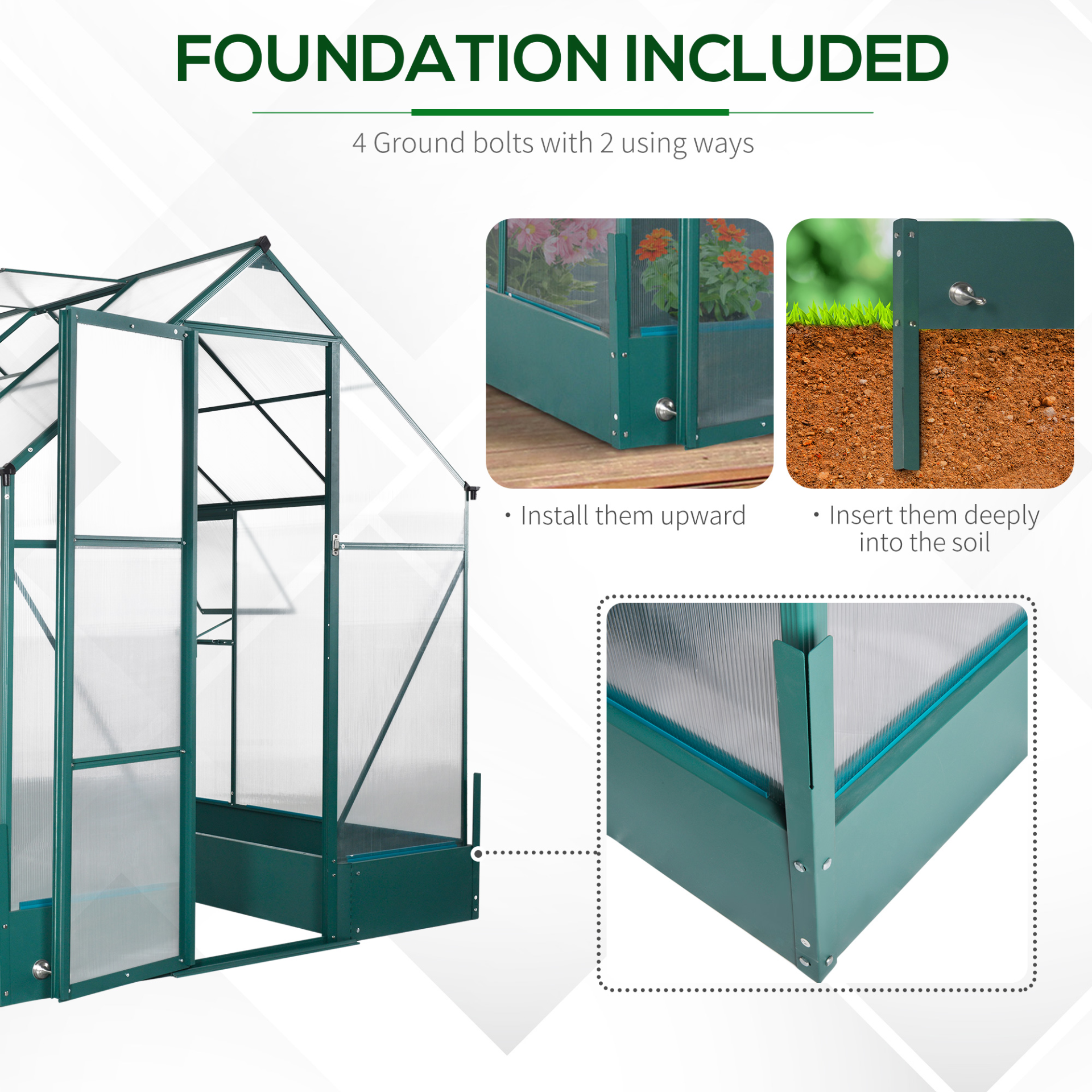 Outsunny Garden Walk-in Aluminium Greenhouse Polycarbonate with Plant Bed ,Temperature Controlled Window, Foundation, 6 x 8ft MyLibelula