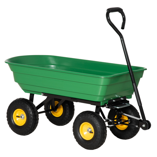 Outsunny 75 Litre Large Garden Cart Heavy Duty 4 Wheel Trolley Dump Wheelbarrow Tipping Truck Trailer - Green MyLibelula