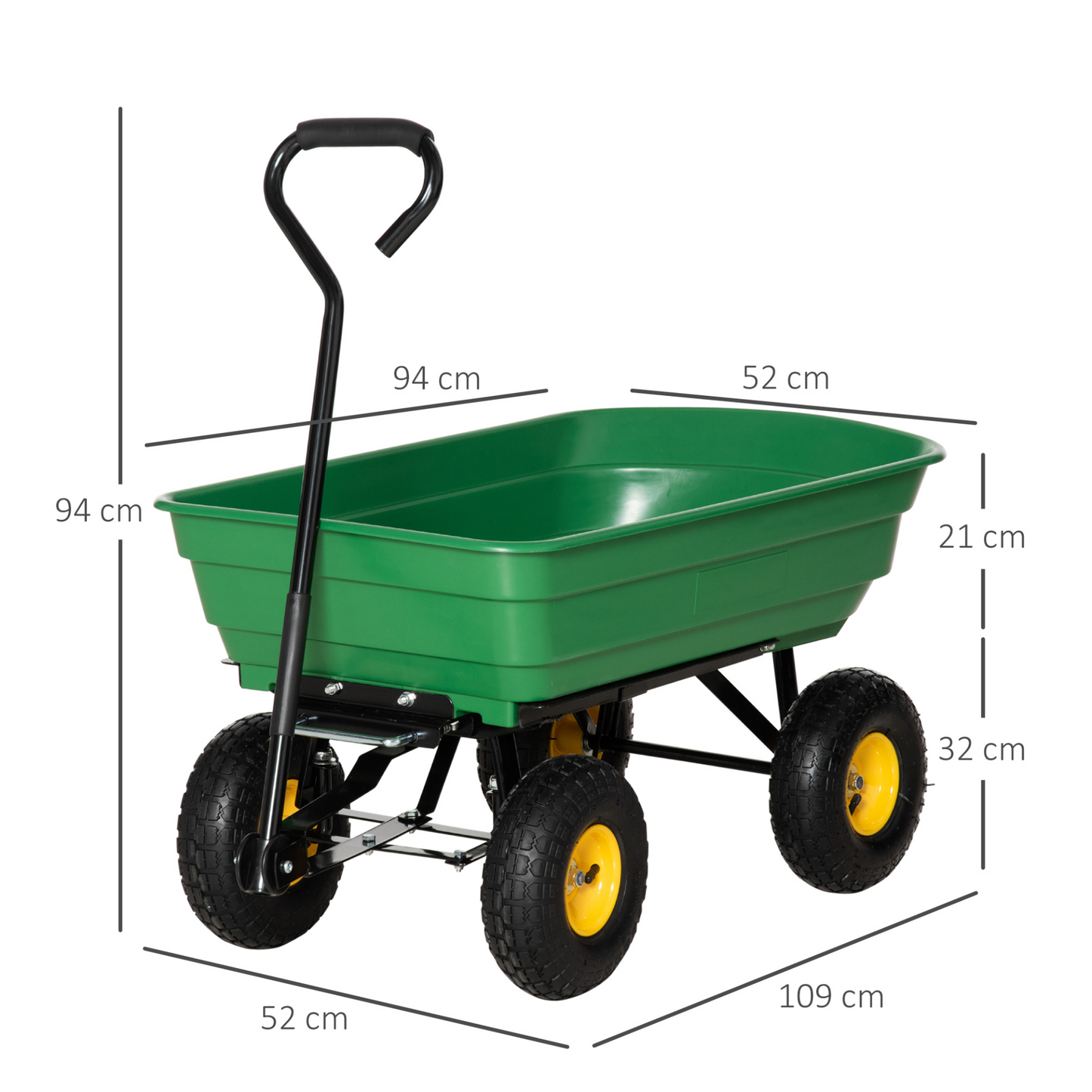 Outsunny 75 Litre Large Garden Cart Heavy Duty 4 Wheel Trolley Dump Wheelbarrow Tipping Truck Trailer - Green MyLibelula