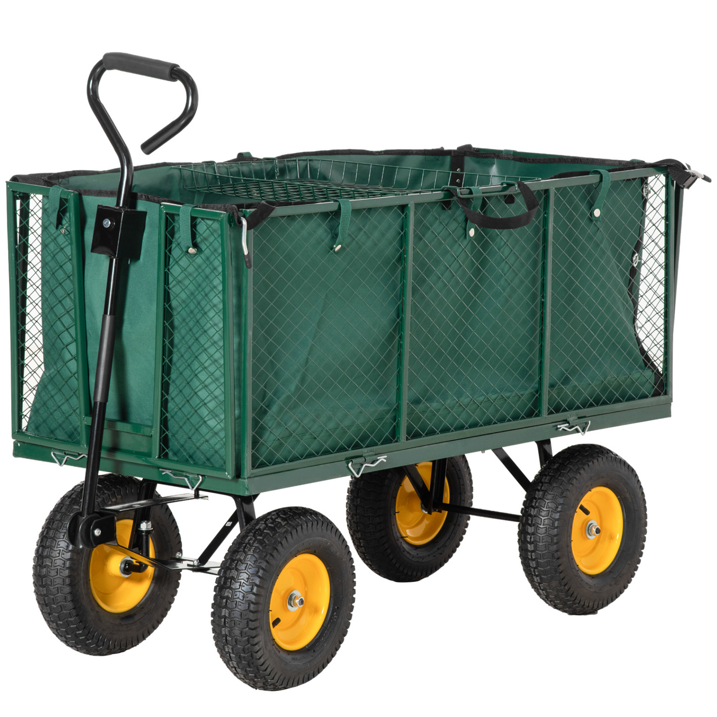 Outsunny Large 4 Wheel Heavy Duty Garden Cart Truck Trolley Wheelbarrow with Handle and Metal Frame - Green MyLibelula