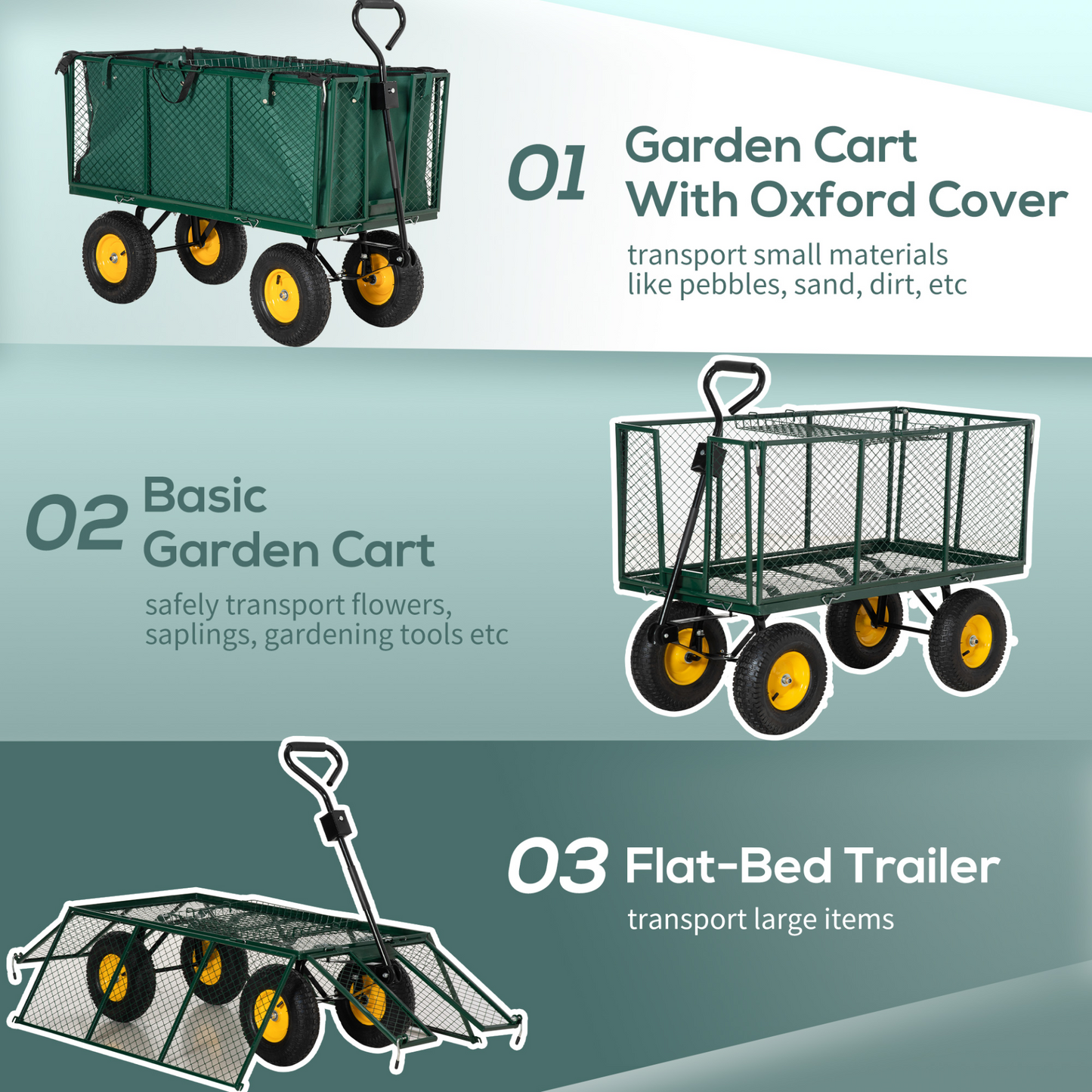 Outsunny Large 4 Wheel Heavy Duty Garden Cart Truck Trolley Wheelbarrow with Handle and Metal Frame - Green MyLibelula