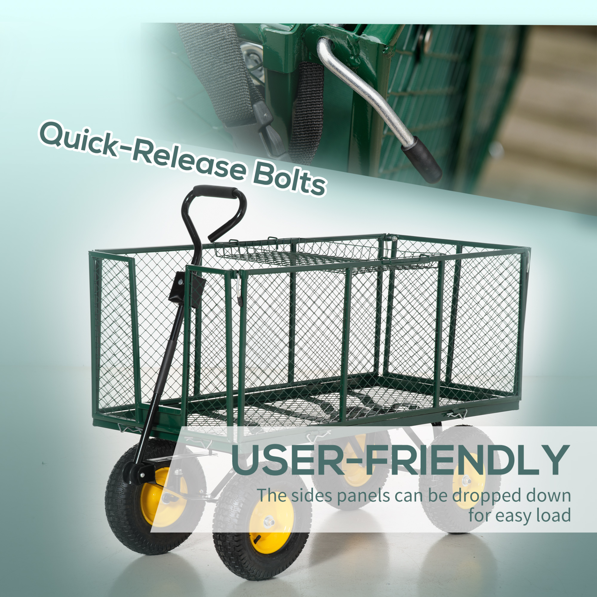 Outsunny Large 4 Wheel Heavy Duty Garden Cart Truck Trolley Wheelbarrow with Handle and Metal Frame - Green MyLibelula