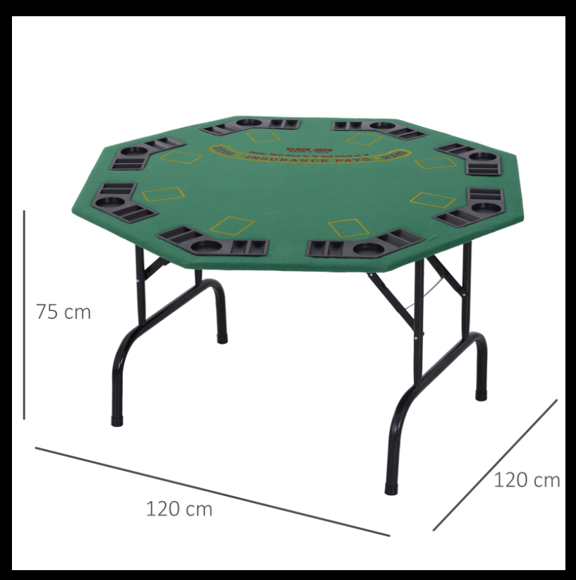 HOMCOM 8 Player Folding Poker Table with Chip Cup Holder, Steel Base & Felt Top - Green Octagon Blackjack Casino MyLibelula