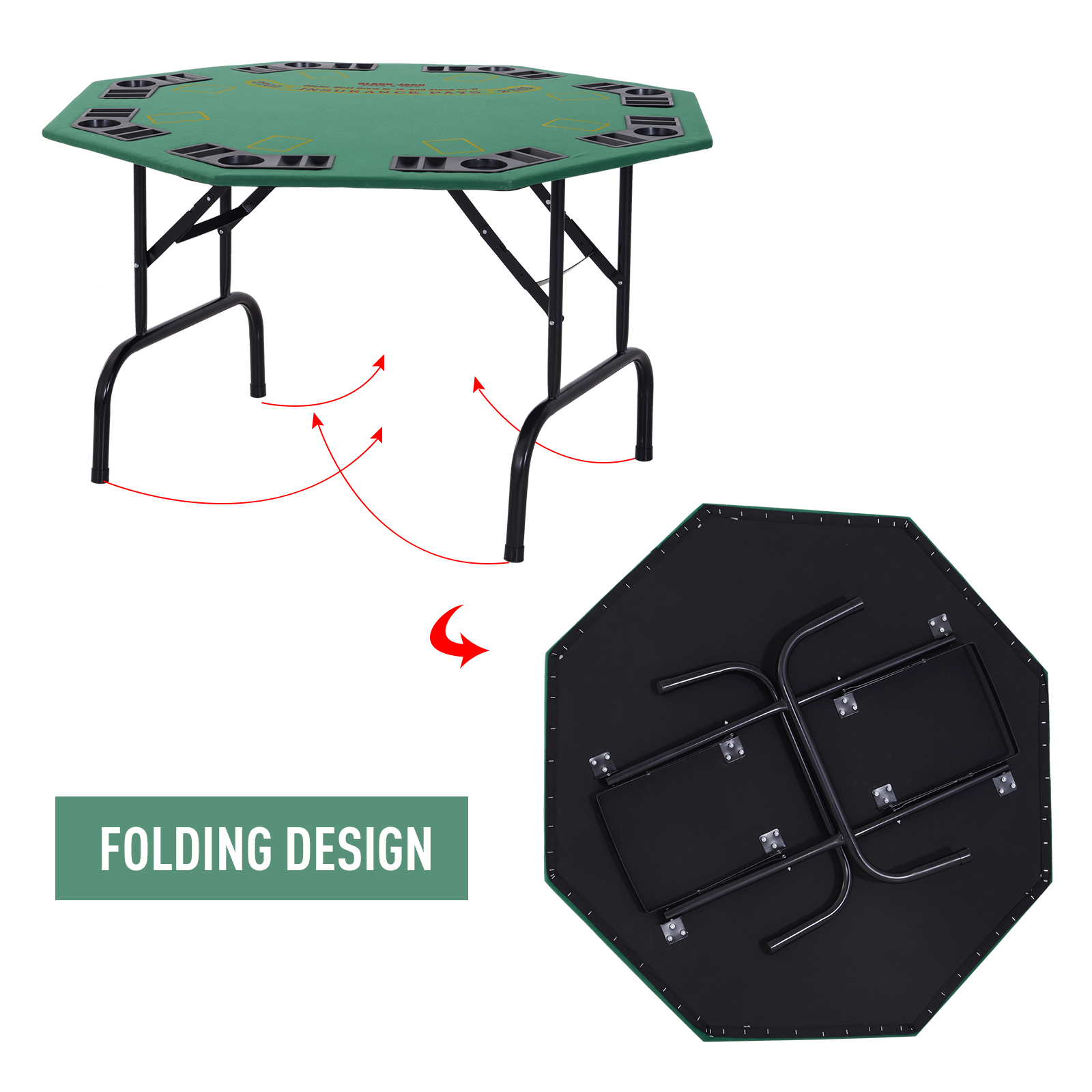 HOMCOM 8 Player Folding Poker Table with Chip Cup Holder, Steel Base & Felt Top - Green Octagon Blackjack Casino MyLibelula