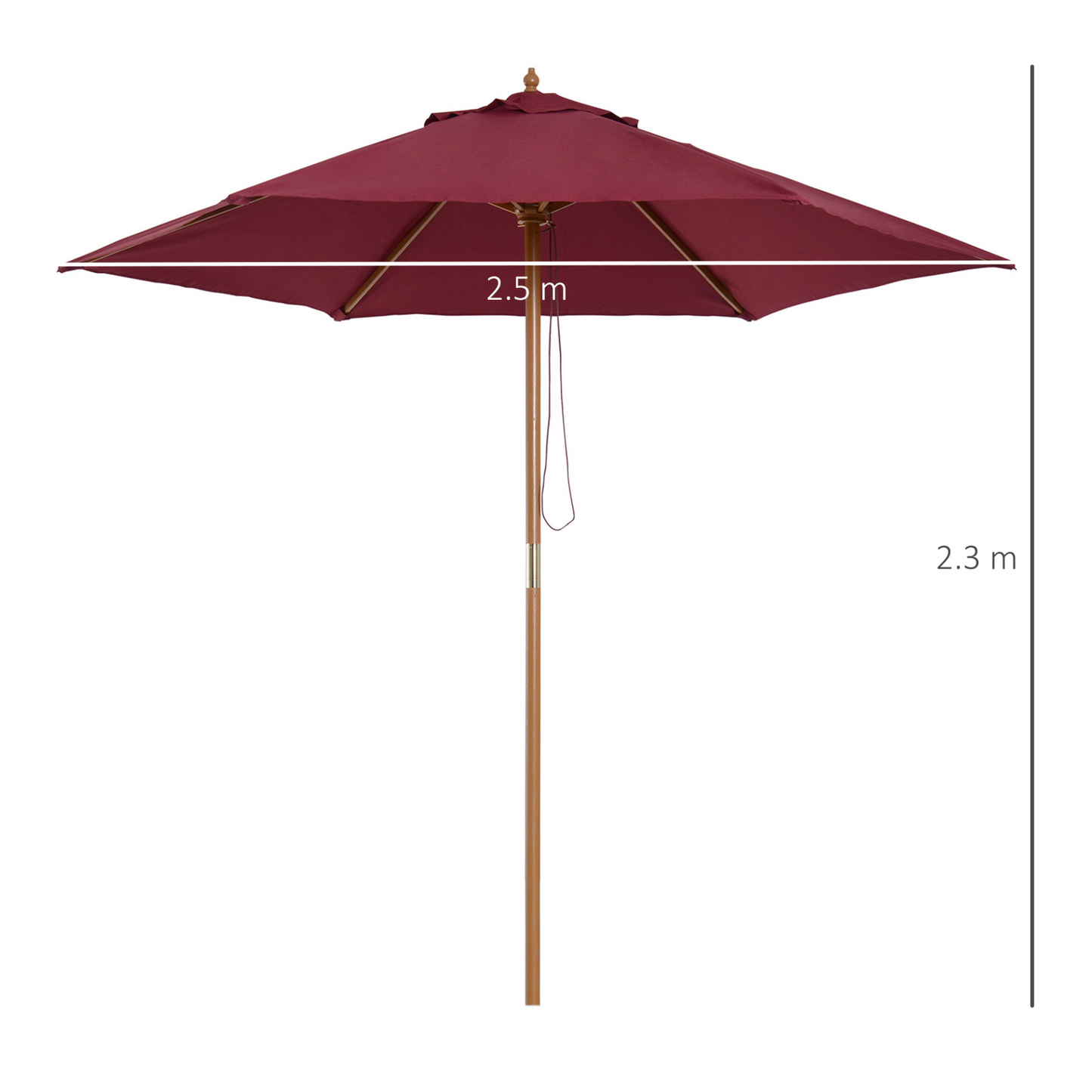 Outsunny 2.5m Wood Garden Parasol - Wine Red Sun Shade Patio Umbrella MyLibelula