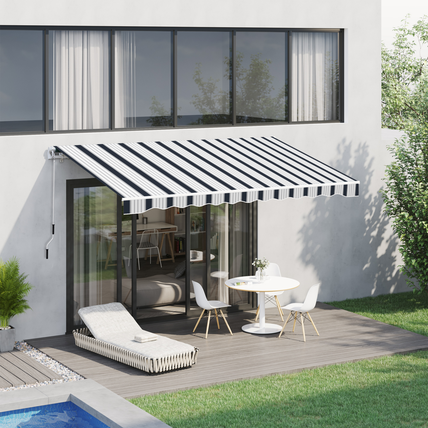 Outsunny 4m x 3m Retractable Garden Patio Awning Canopy - Aluminium Sun Shade Shelter, Blue and White MyLibelula