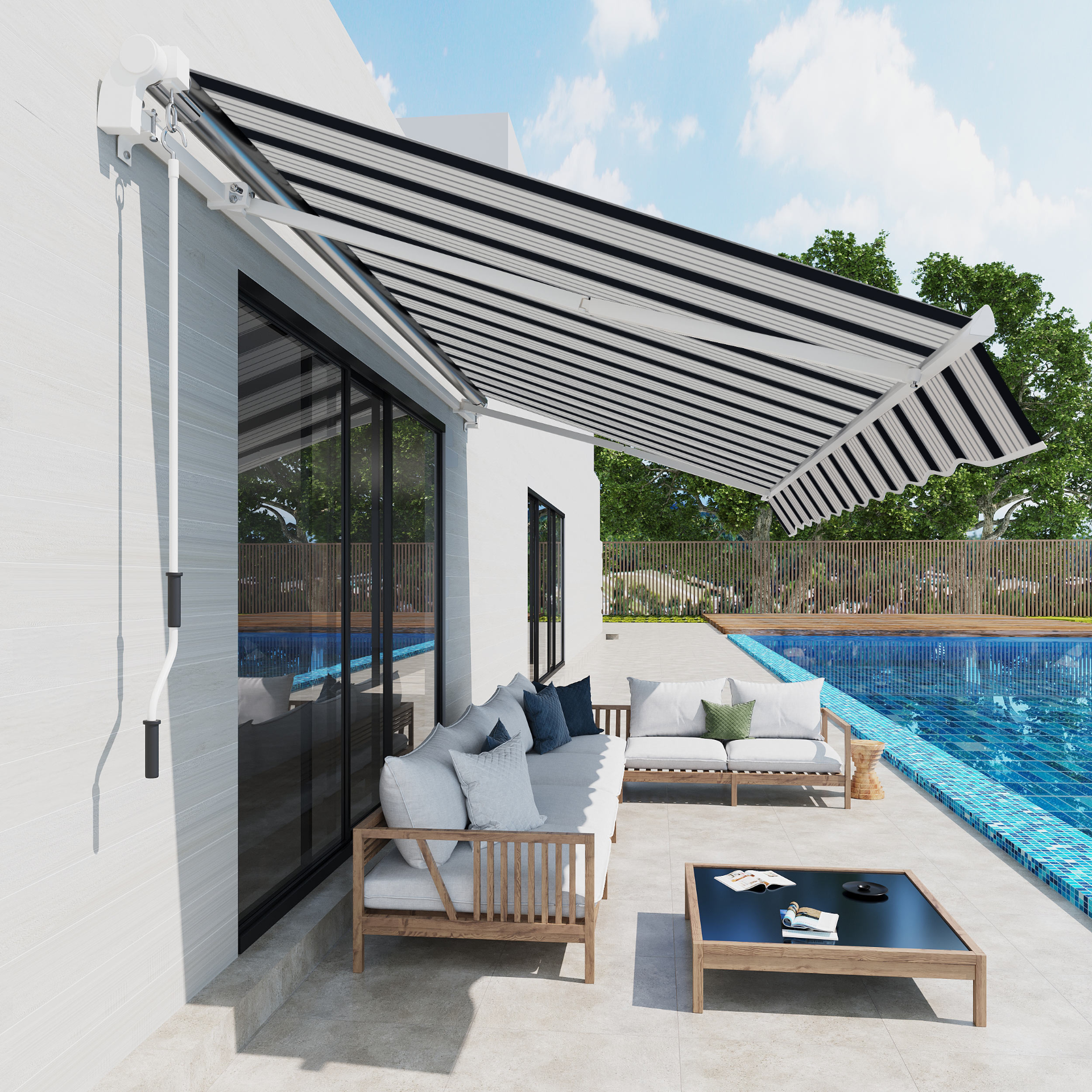 Outsunny 4m x 3m Retractable Garden Patio Awning Canopy - Aluminium Sun Shade Shelter, Blue and White MyLibelula