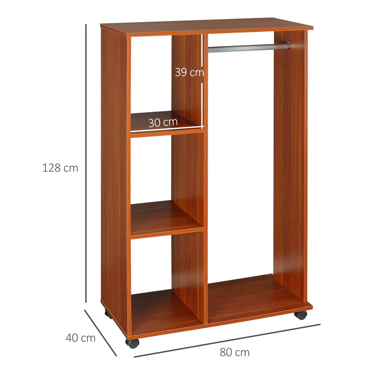 HOMCOM Open Wardrobe with Hanging Rail and Storage Shelves on Wheels - Walnut Finish | Stylish & Functional Bedroom Storage MyLibelula