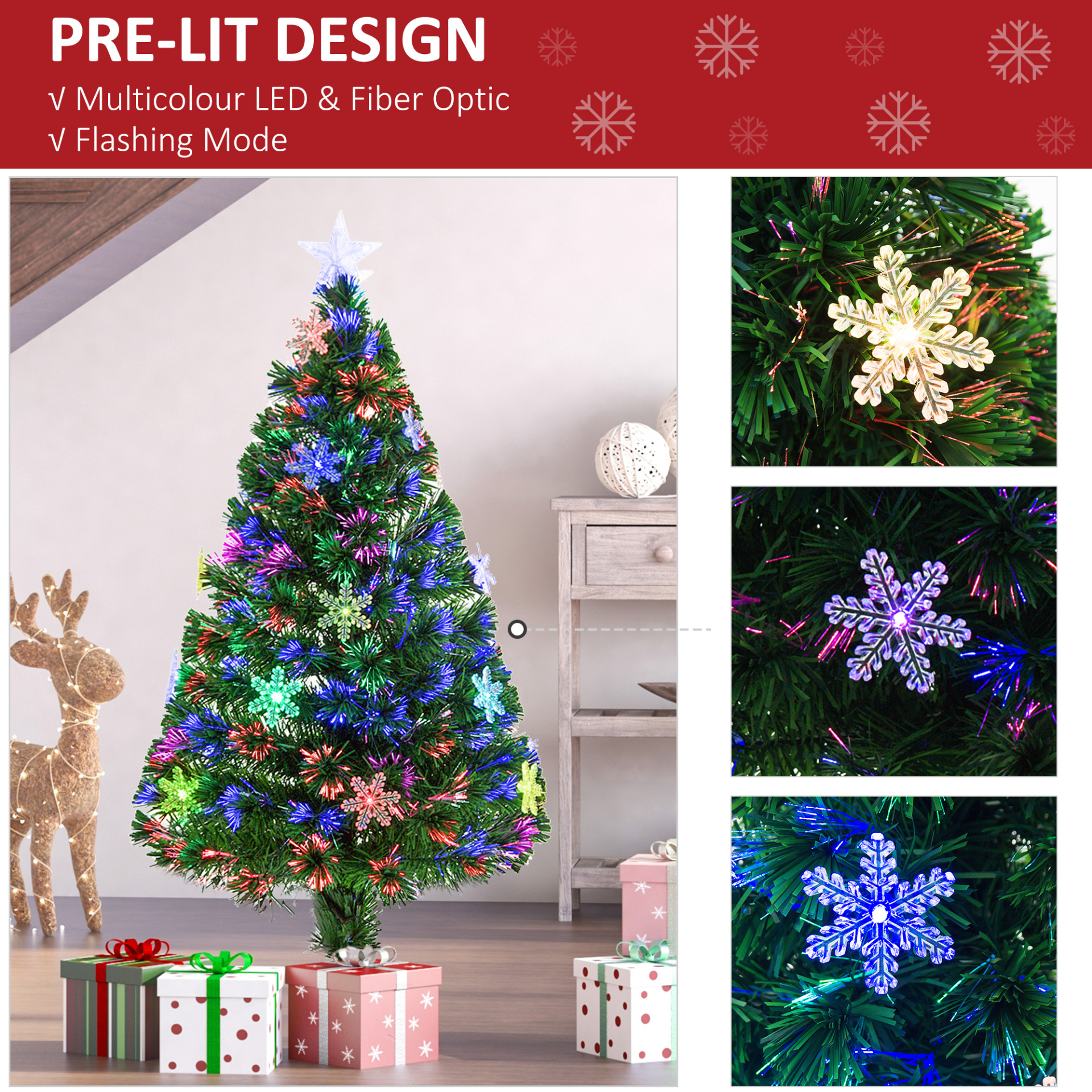 HOMCOM 4FT Green Fibre Optic Artificial Christmas Tree with Multicoloured LED Lights & Snowflakes - Fireproof MyLibelula