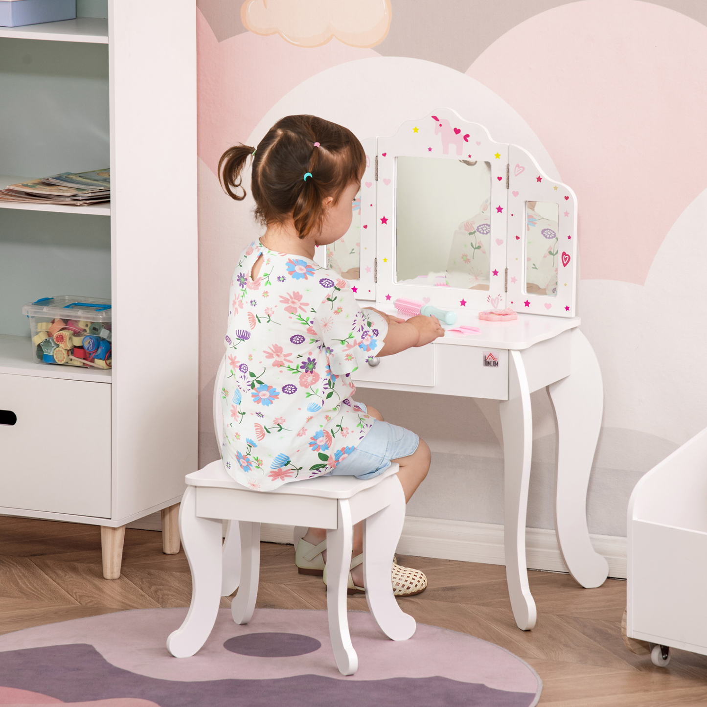 HOMCOM Kids Vanity Table & Stool Set - Girls Dressing Table with Rotatable Mirrors, Drawer, Star & Heart Patterns - White MyLibelula