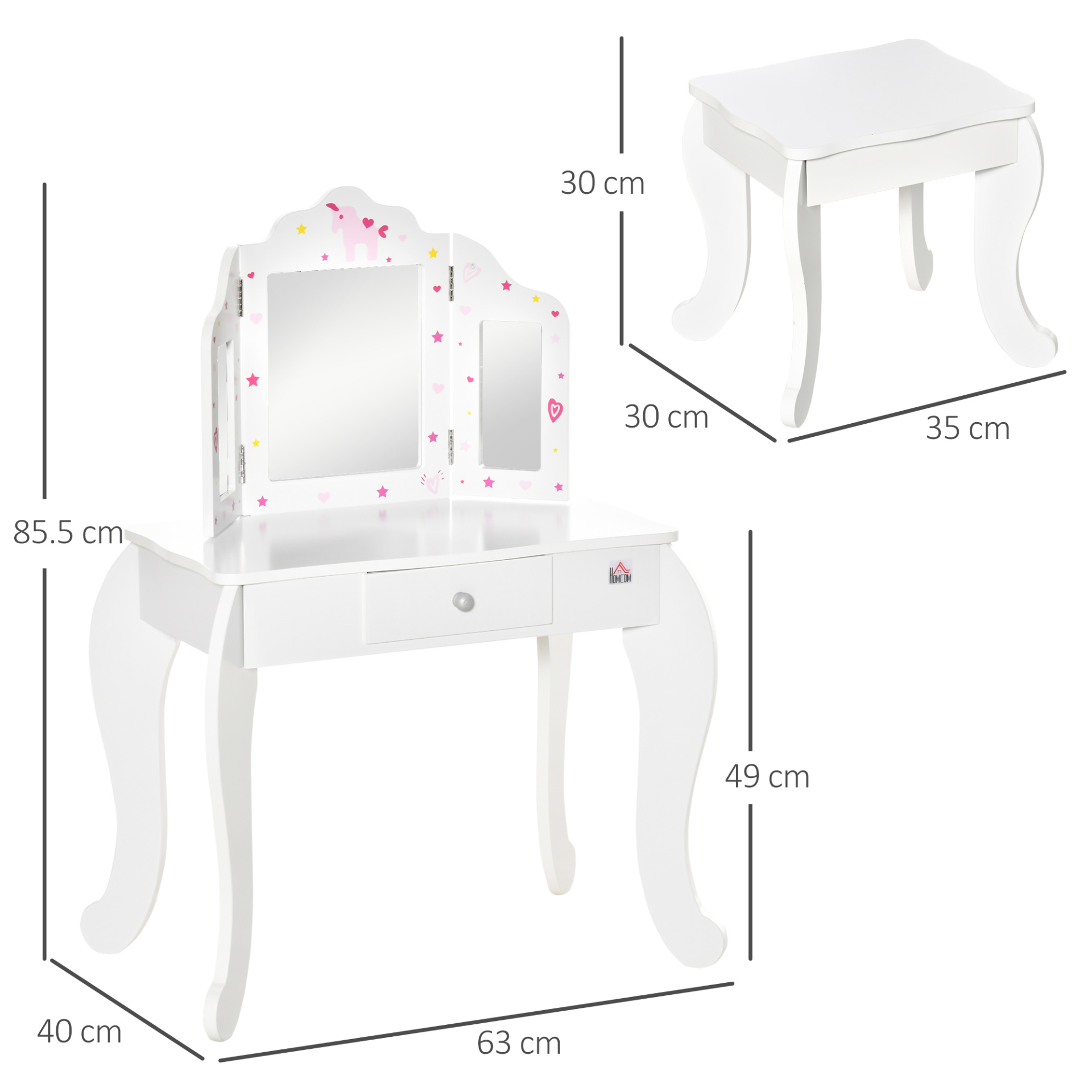 HOMCOM Kids Vanity Table & Stool Set - Girls Dressing Table with Rotatable Mirrors, Drawer, Star & Heart Patterns - White MyLibelula