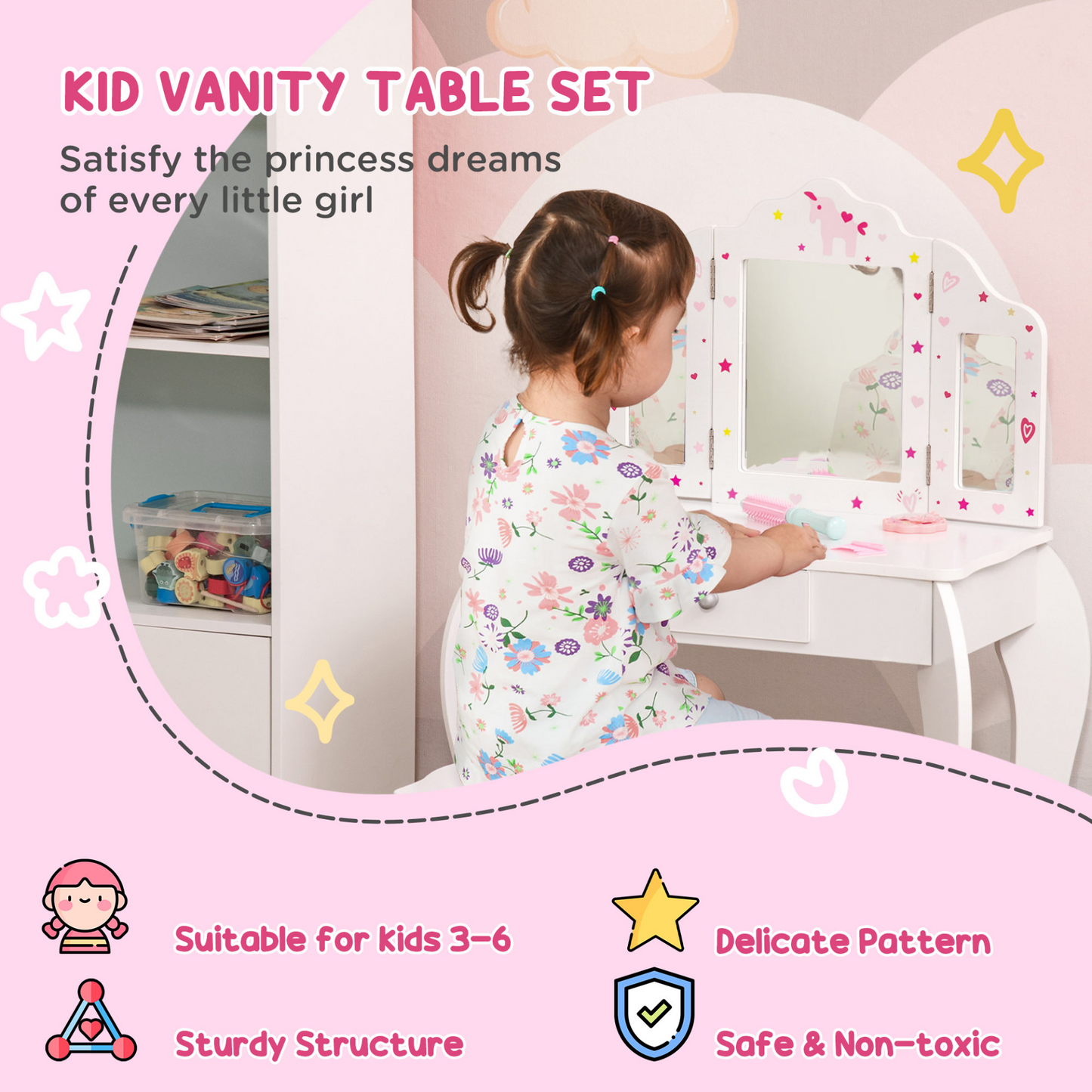 HOMCOM Kids Vanity Table & Stool Set - Girls Dressing Table with Rotatable Mirrors, Drawer, Star & Heart Patterns - White MyLibelula