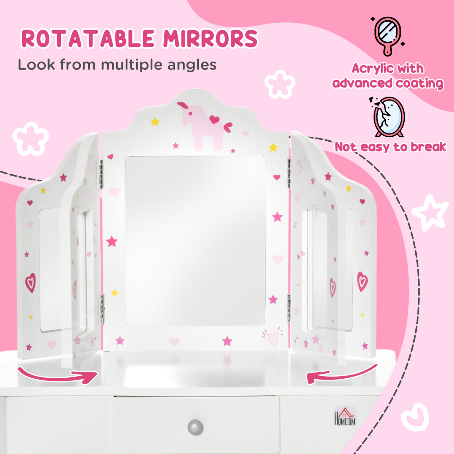 HOMCOM Kids Vanity Table & Stool Set - Girls Dressing Table with Rotatable Mirrors, Drawer, Star & Heart Patterns - White MyLibelula