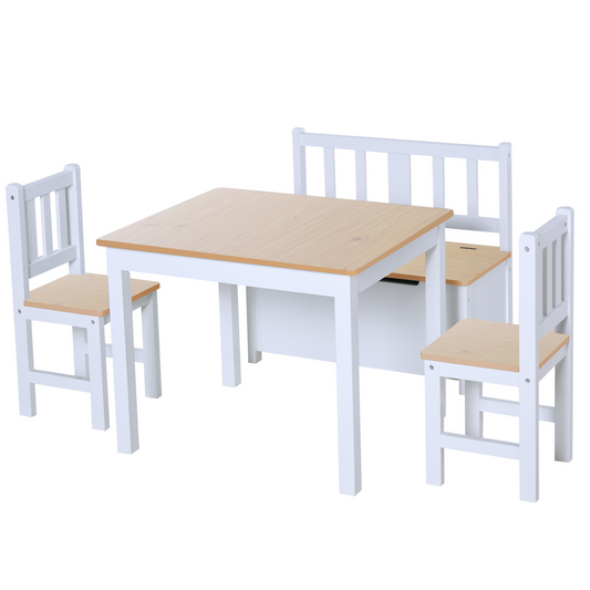 HOMCOM 4-Piece Kids Table and Chair Set with Storage Bench - Fun & Functional Furniture, Natural/White MyLibelula