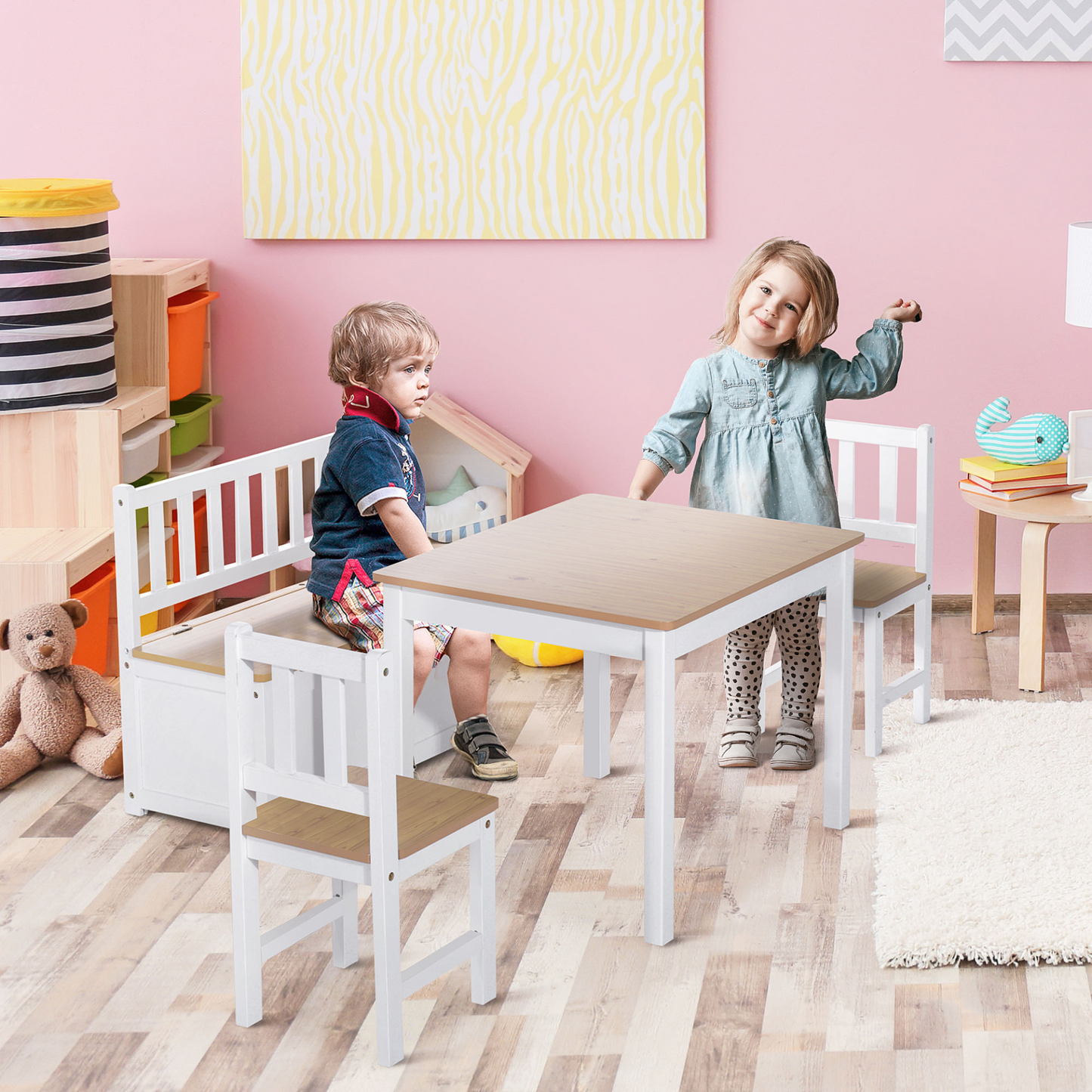 HOMCOM 4-Piece Kids Table and Chair Set with Storage Bench - Fun & Functional Furniture, Natural/White MyLibelula