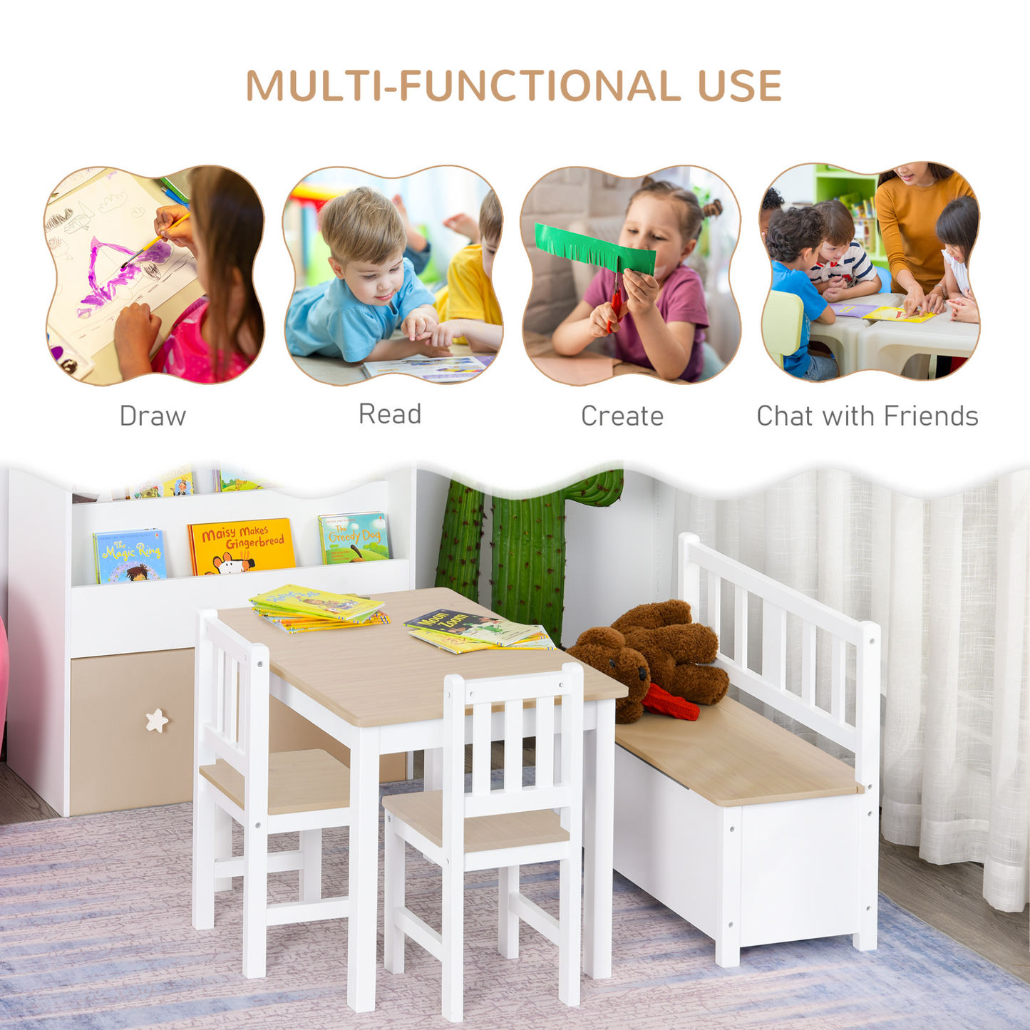 HOMCOM 4-Piece Kids Table and Chair Set with Storage Bench - Fun & Functional Furniture, Natural/White MyLibelula