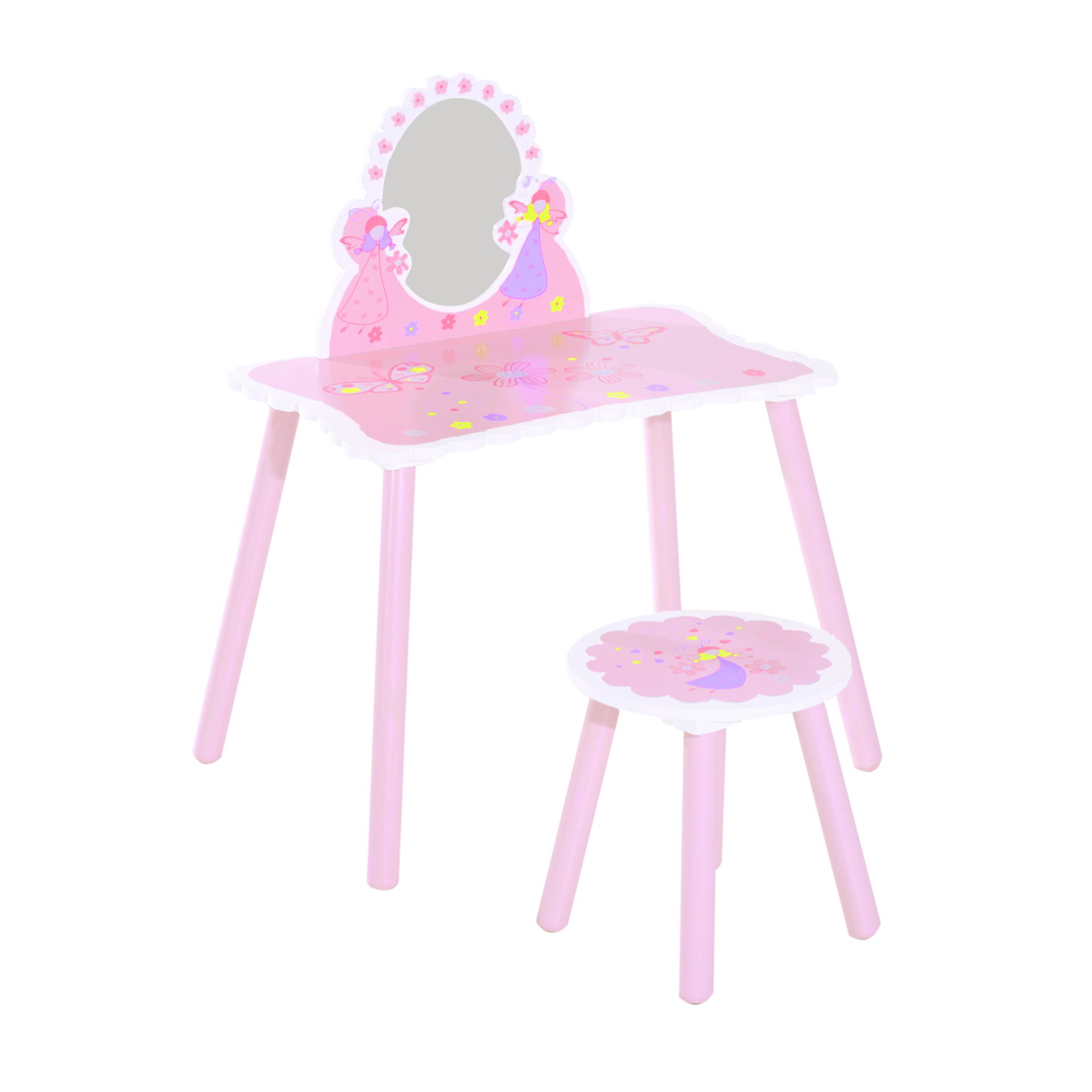 HOMCOM Kids Pink Wooden Dressing Table & Stool Set - Fairy Dresser Play Set w/Mirror MyLibelula