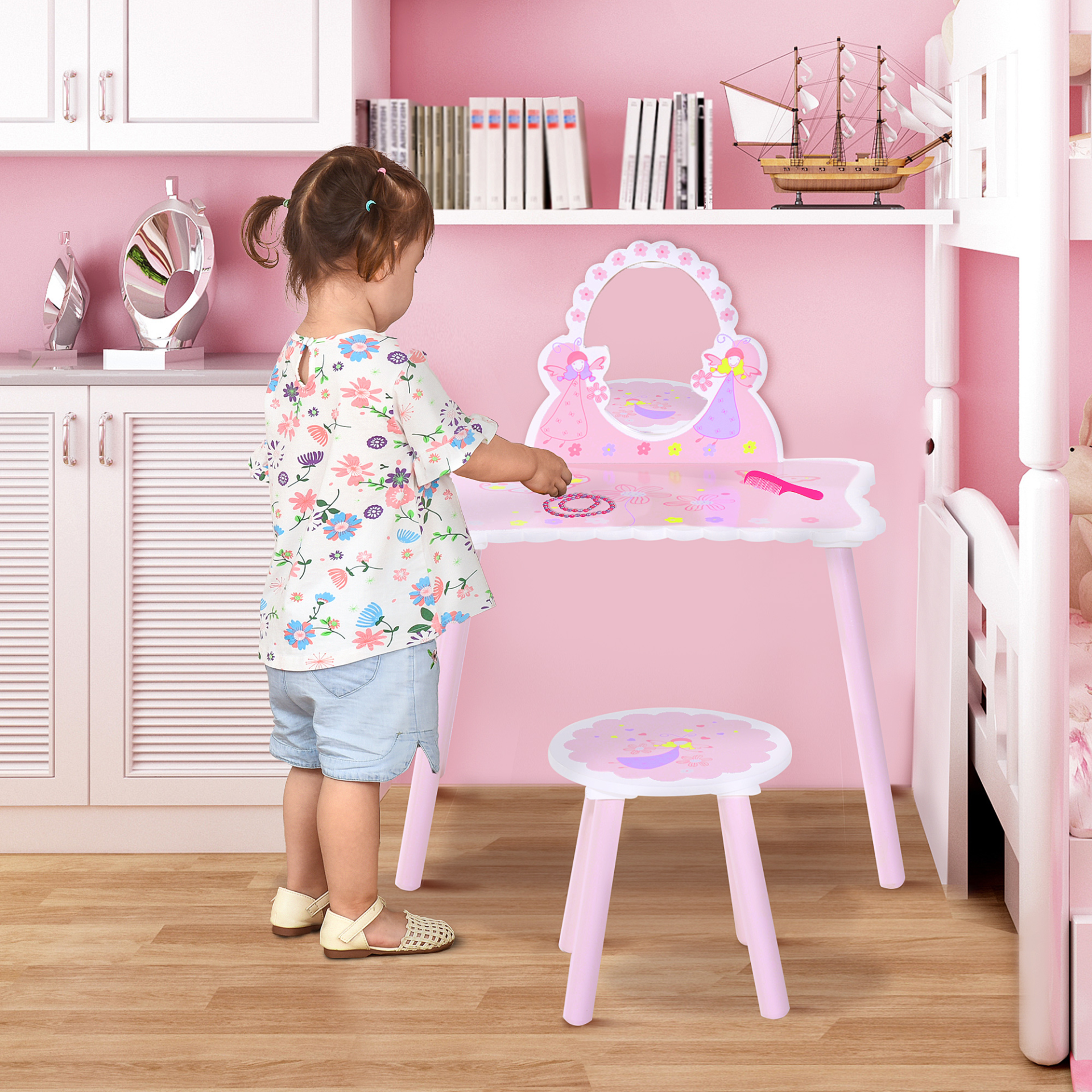 HOMCOM Kids Pink Wooden Dressing Table & Stool Set - Fairy Dresser Play Set w/Mirror MyLibelula