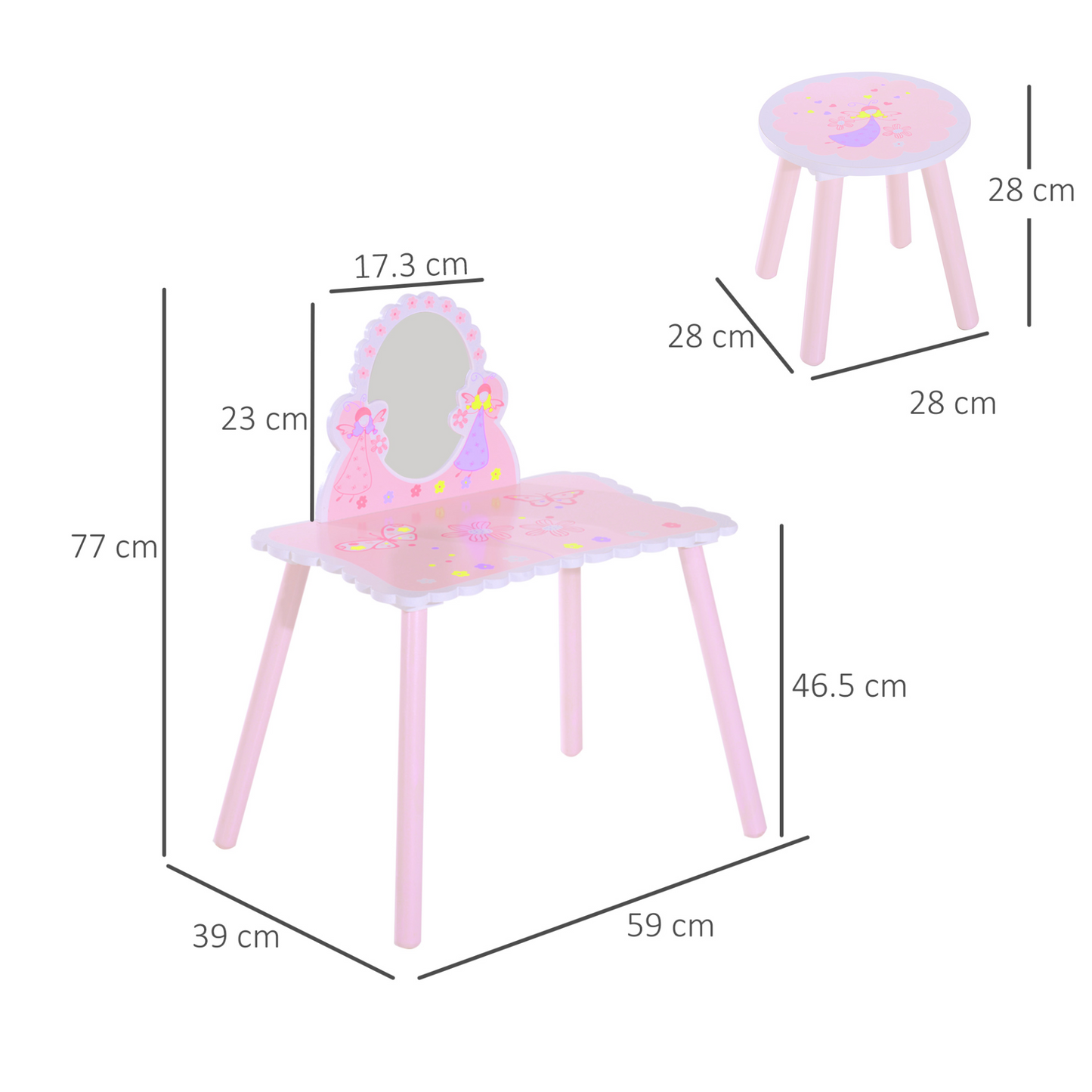 HOMCOM Kids Pink Wooden Dressing Table & Stool Set - Fairy Dresser Play Set w/Mirror MyLibelula