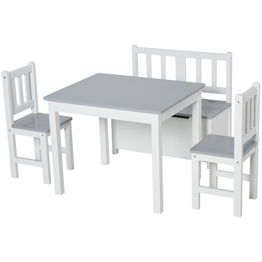 HOMCOM 4-Piece Kids Table and Chair Set - Grey/White - Includes 2 Wooden Chairs, Storage Bench & Modern Design MyLibelula