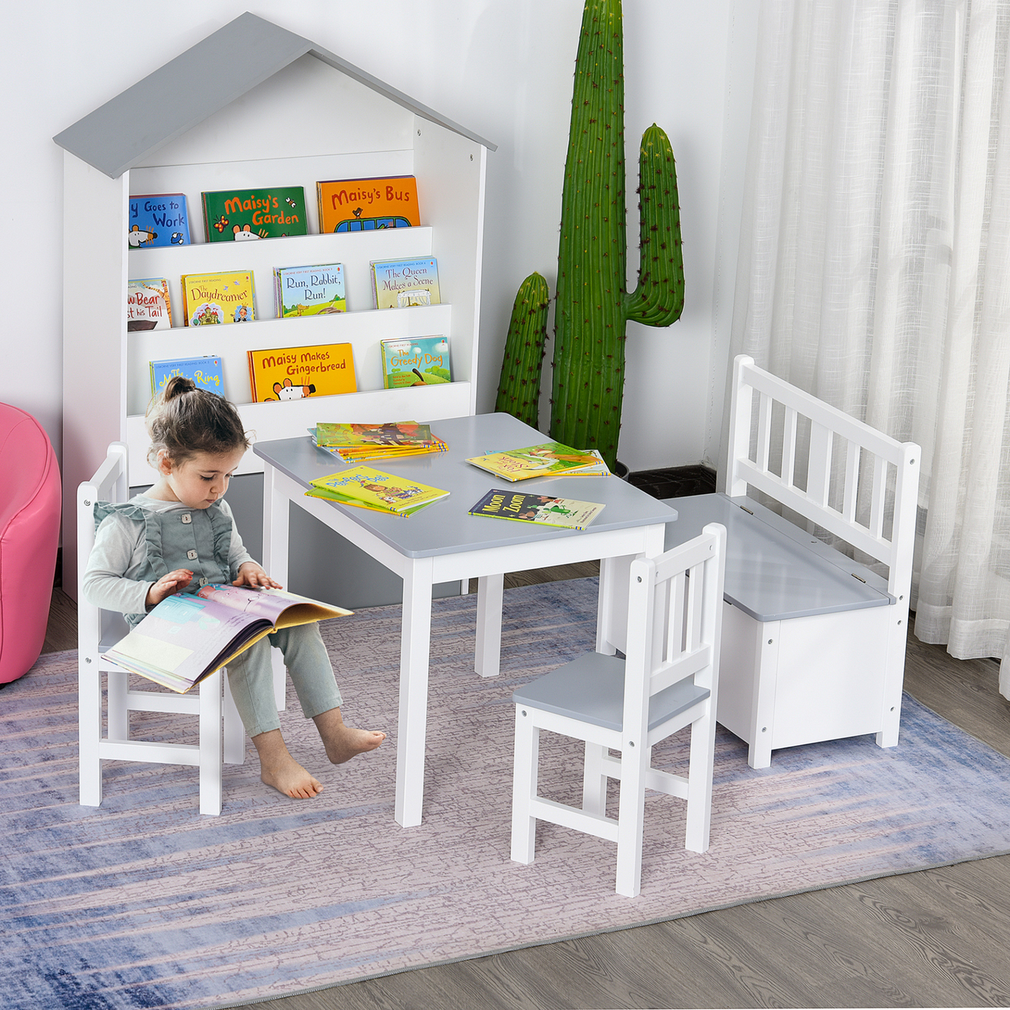 HOMCOM 4-Piece Kids Table and Chair Set - Grey/White - Includes 2 Wooden Chairs, Storage Bench & Modern Design MyLibelula