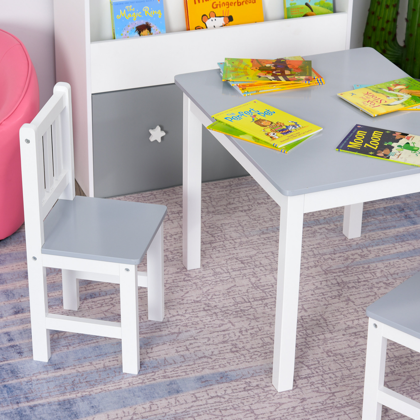 HOMCOM 4-Piece Kids Table and Chair Set - Grey/White - Includes 2 Wooden Chairs, Storage Bench & Modern Design MyLibelula