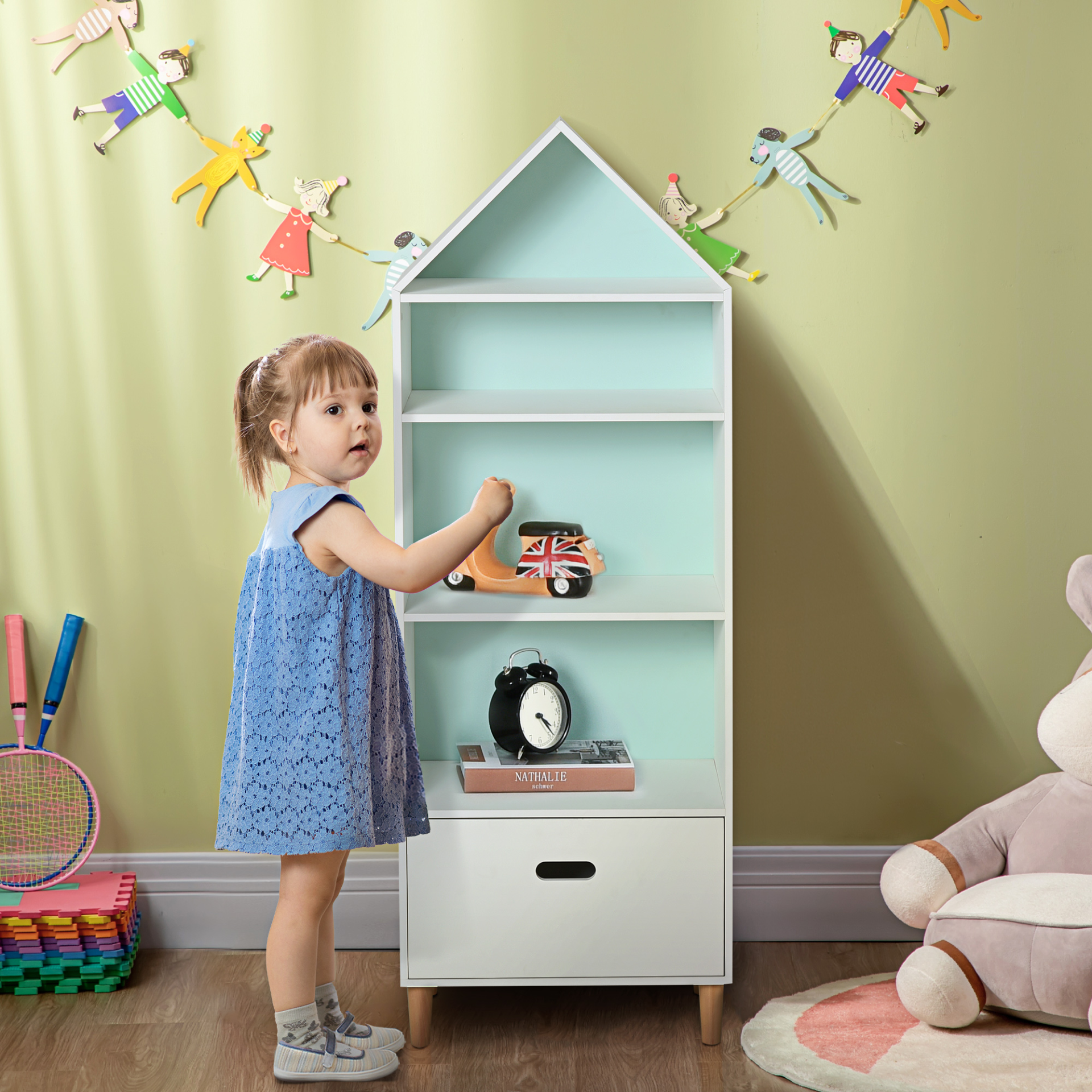 HOMCOM Kids Wooden Bookcase with Drawer - Rocket Design, Pink & Blue Back Panel, Children's Bedroom Furniture MyLibelula