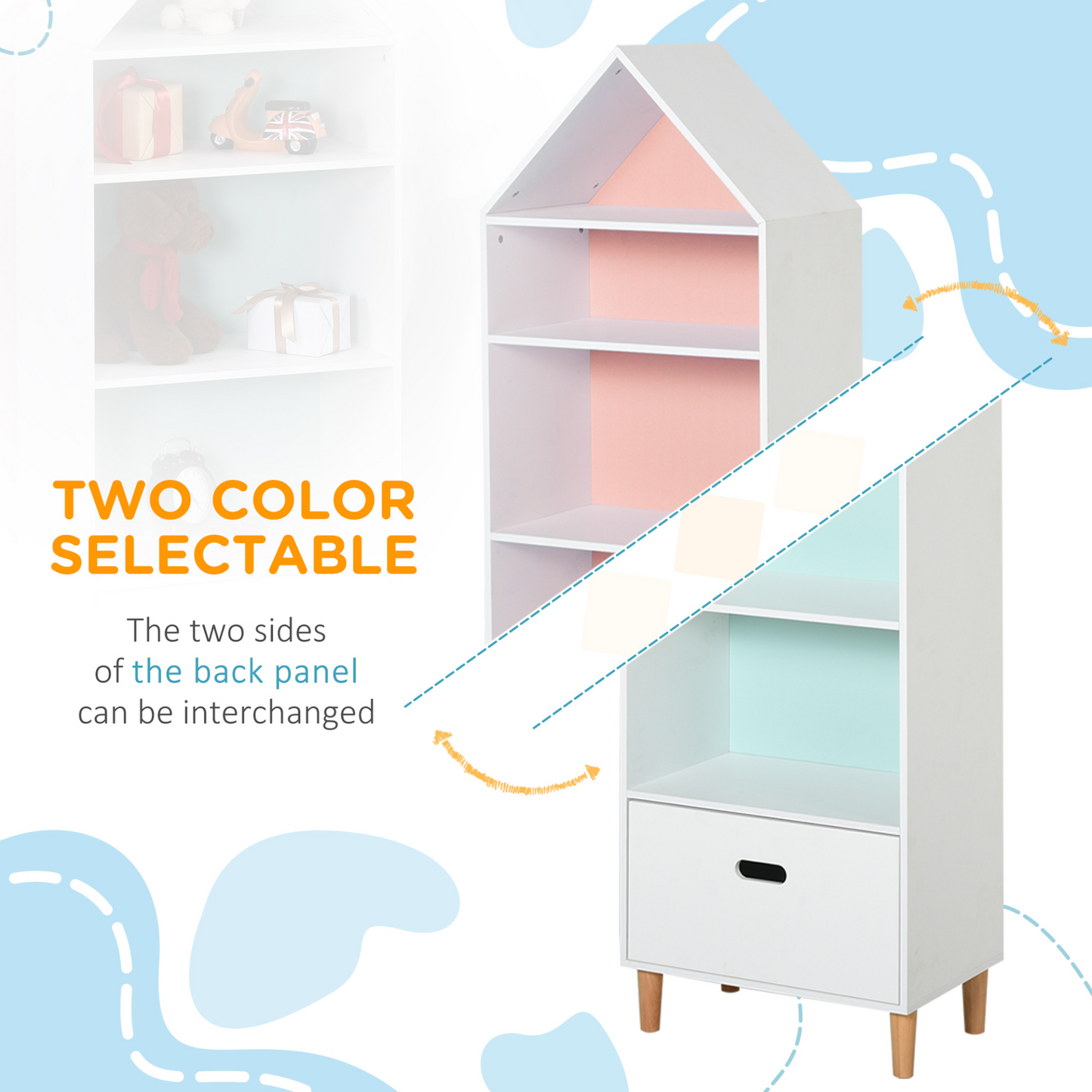 HOMCOM Kids Wooden Bookcase with Drawer - Rocket Design, Pink & Blue Back Panel, Children's Bedroom Furniture MyLibelula