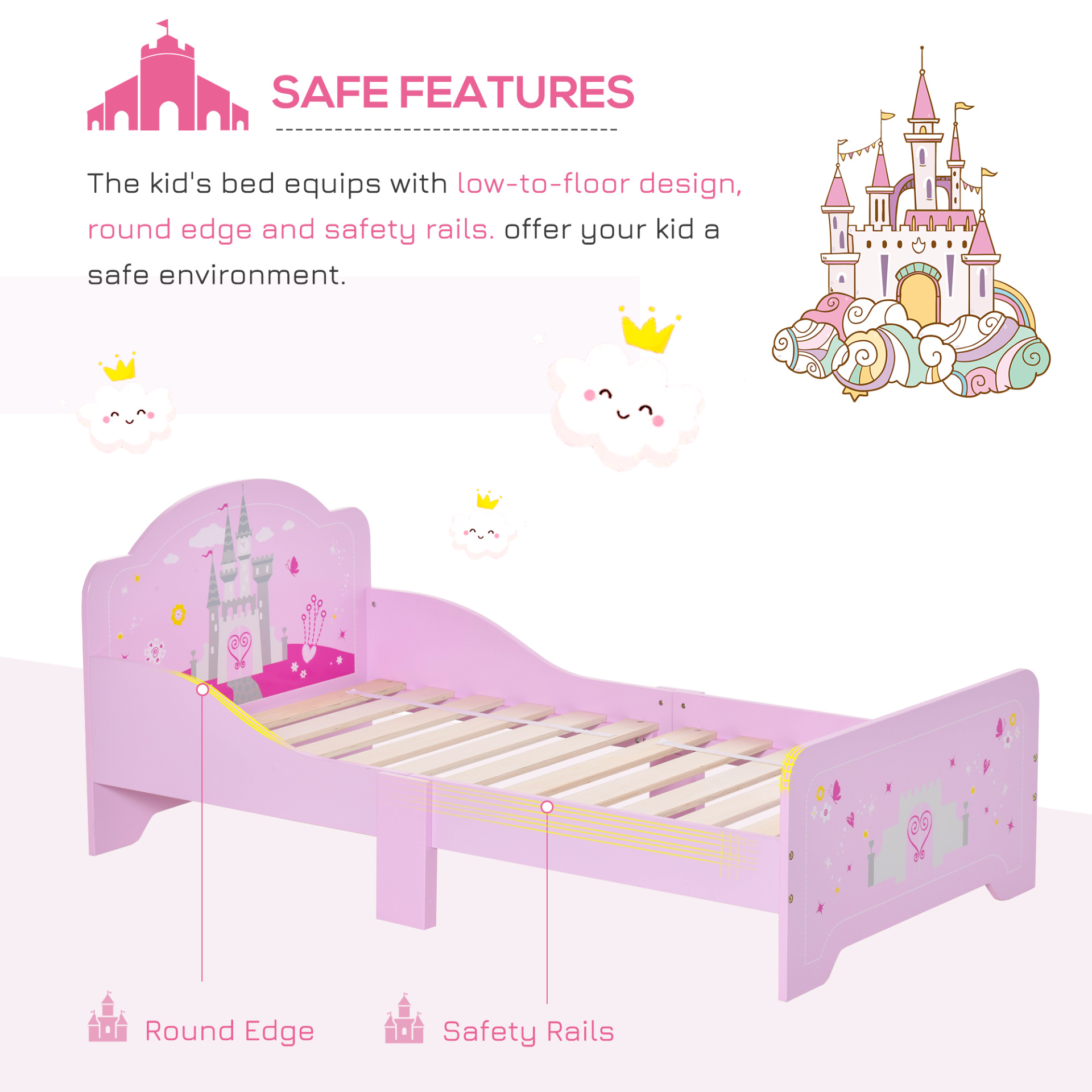 HOMCOM Kids Bed Princess Castle Theme, Safety Side Rails, Durable Design, Perfect for Ages 3-6, Pink 143x73x60 cm MyLibelula