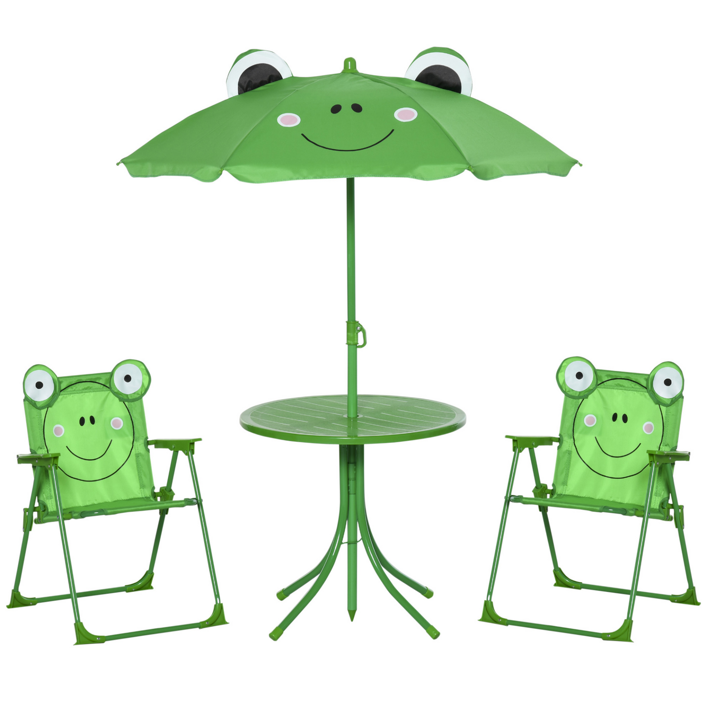 Outsunny Kids Folding Picnic Table and Chair Set with Frog Pattern & Sun Umbrella, Green MyLibelula